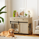 Dog Crate Furniture, Dog Cage W/ Wheels, 2 Drawers, Sliding Door, Oak