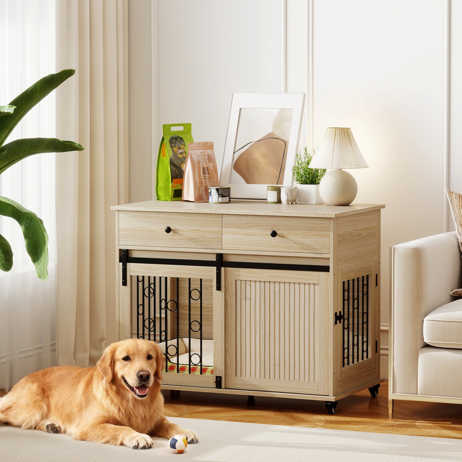 Dog Crate Furniture, Dog Cage W/ Wheels, 2 Drawers, Sliding Door, Oak