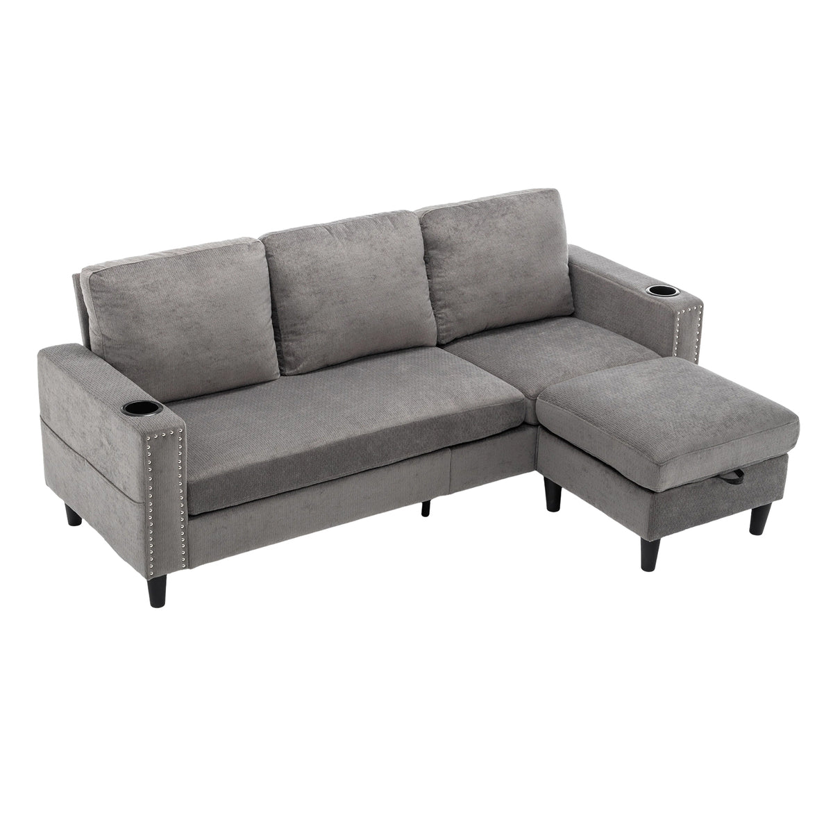 Chenille Upholstered L-shaped 3-seater Sectional Sofa With Ottoman | Grey