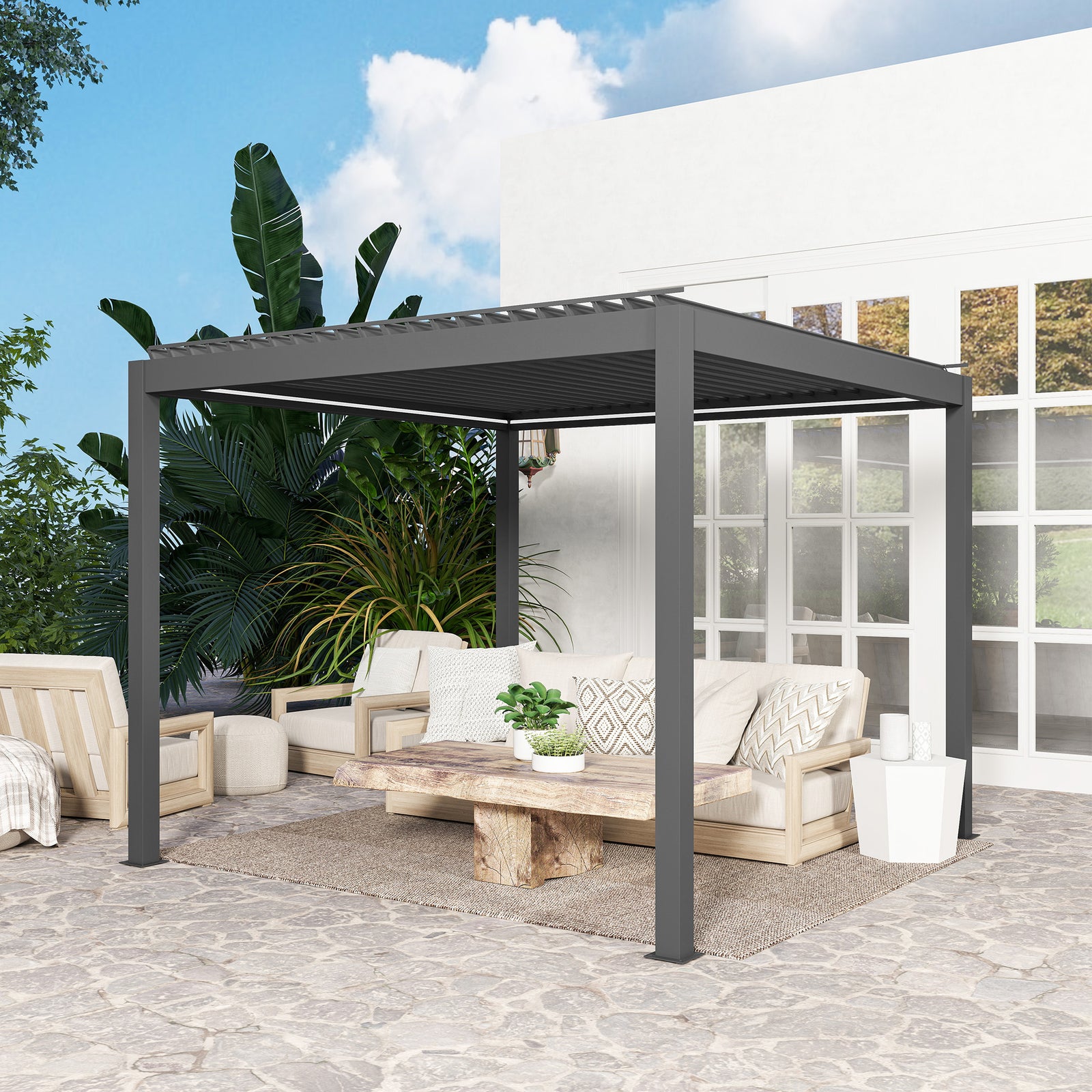 3x3m Electric Louvered Pergola With Led Lights And Remote