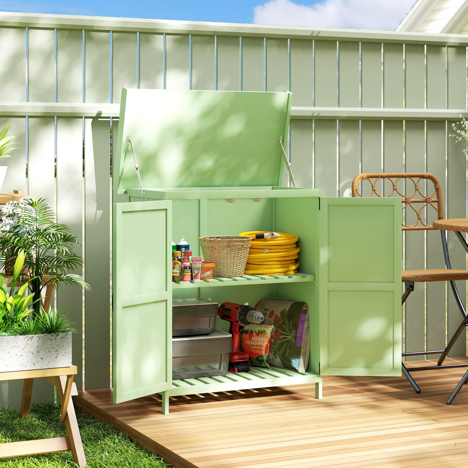 Wooden Garden Storage Shed Hinged Roof & Shelf Light Green