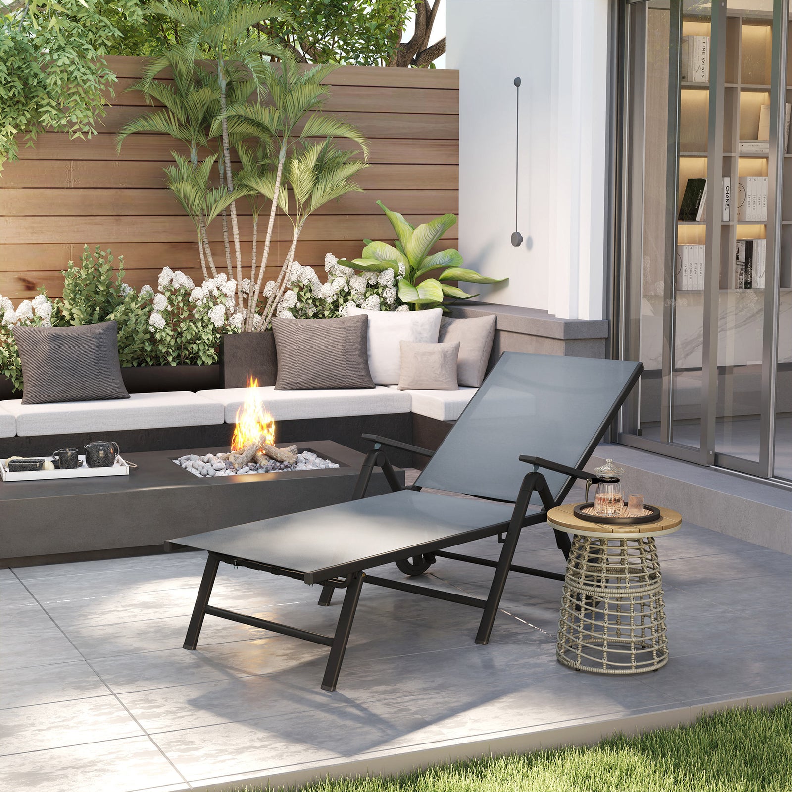 Folding Sun Lounger W/ Wheels, 5-position Adjustable Sunbed