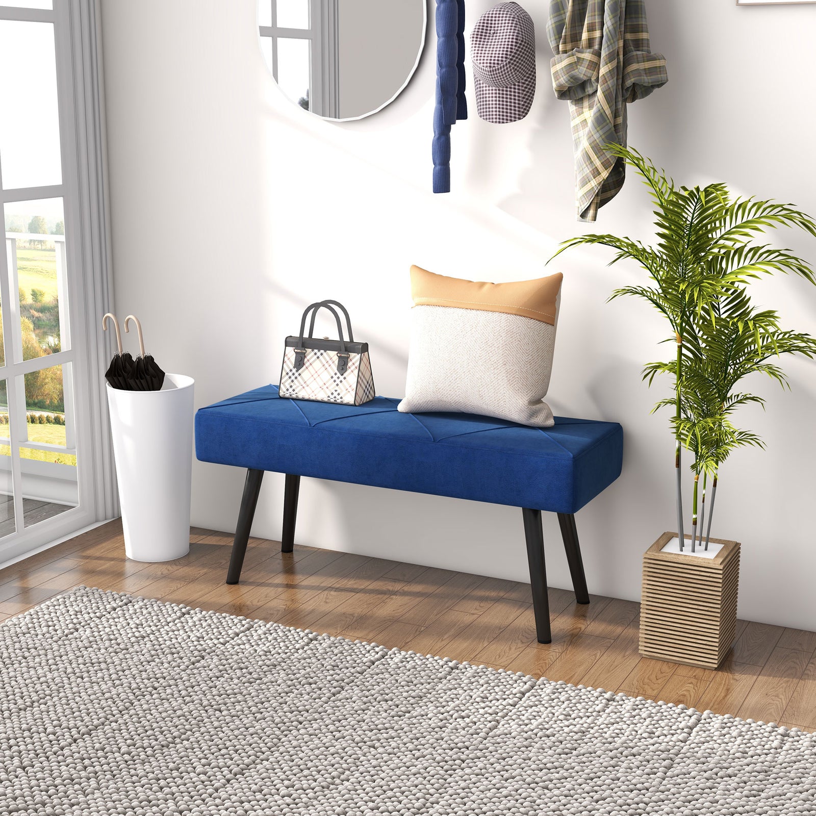 End Of Bed Bench Upholstered Hallway Bedroom With Steel Legs | One Size | Blue
