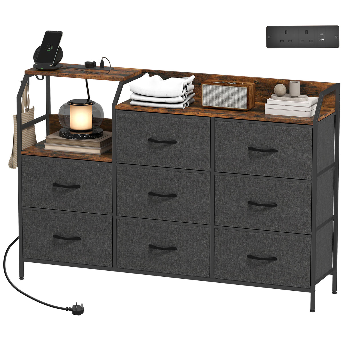 HOMCOM Fabric Chest Of Drawers W/ Charging Station For Bedroom Rustic Brown