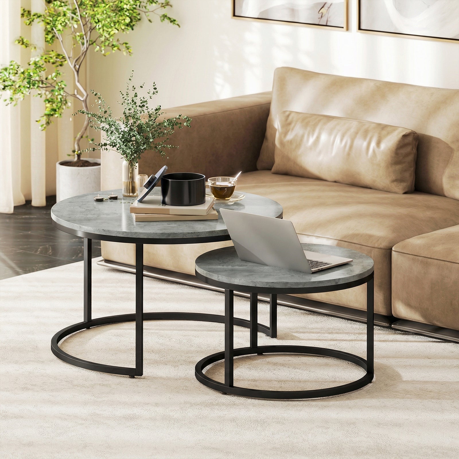 2 Pcs Stacking Coffee Table Set Steel Frame | Grey