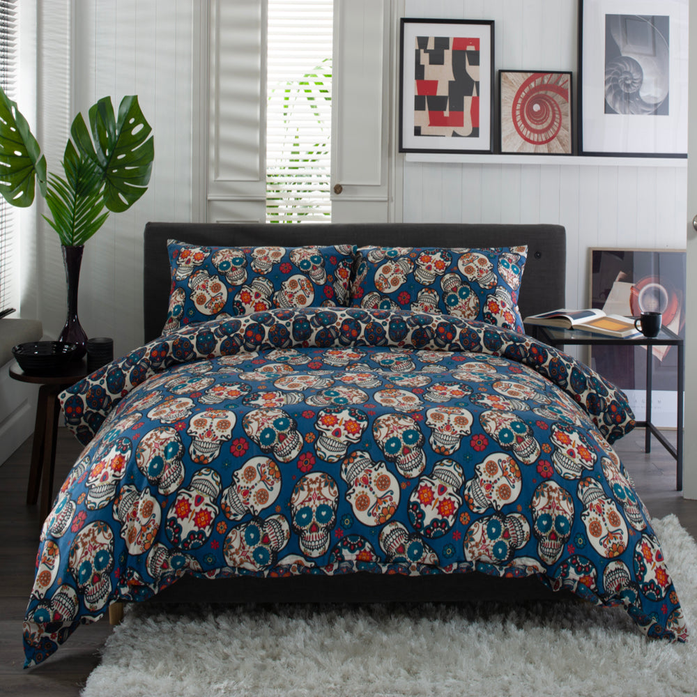 Day Of The Dead Cotton Rich 200 Thread Count Reversible Duvet Cover Set | Super King | Navy Blue
