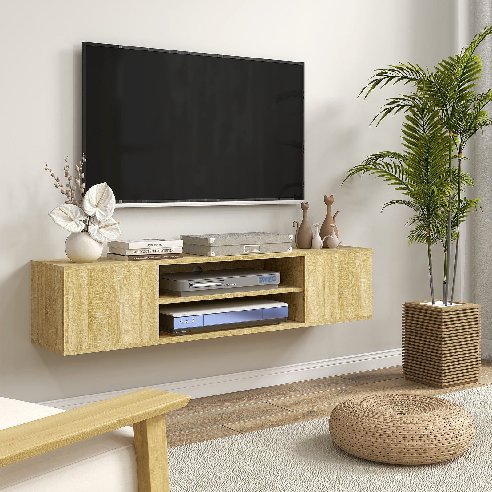 Floating Tv Unit For 60" With Shelves Cabinets | Brown