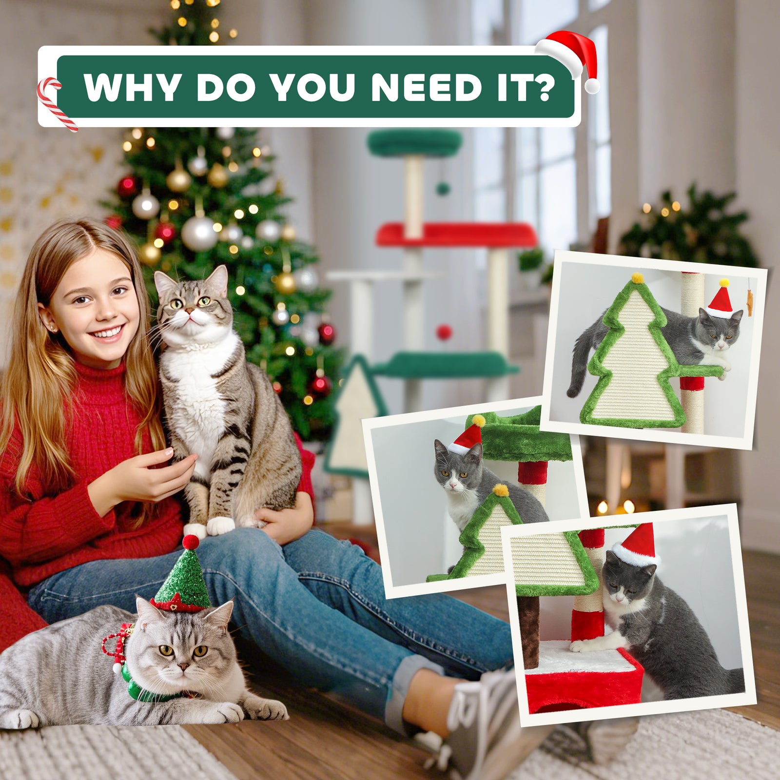 103cm Christmas Cat Tower With Scratching Post And Board, Green
