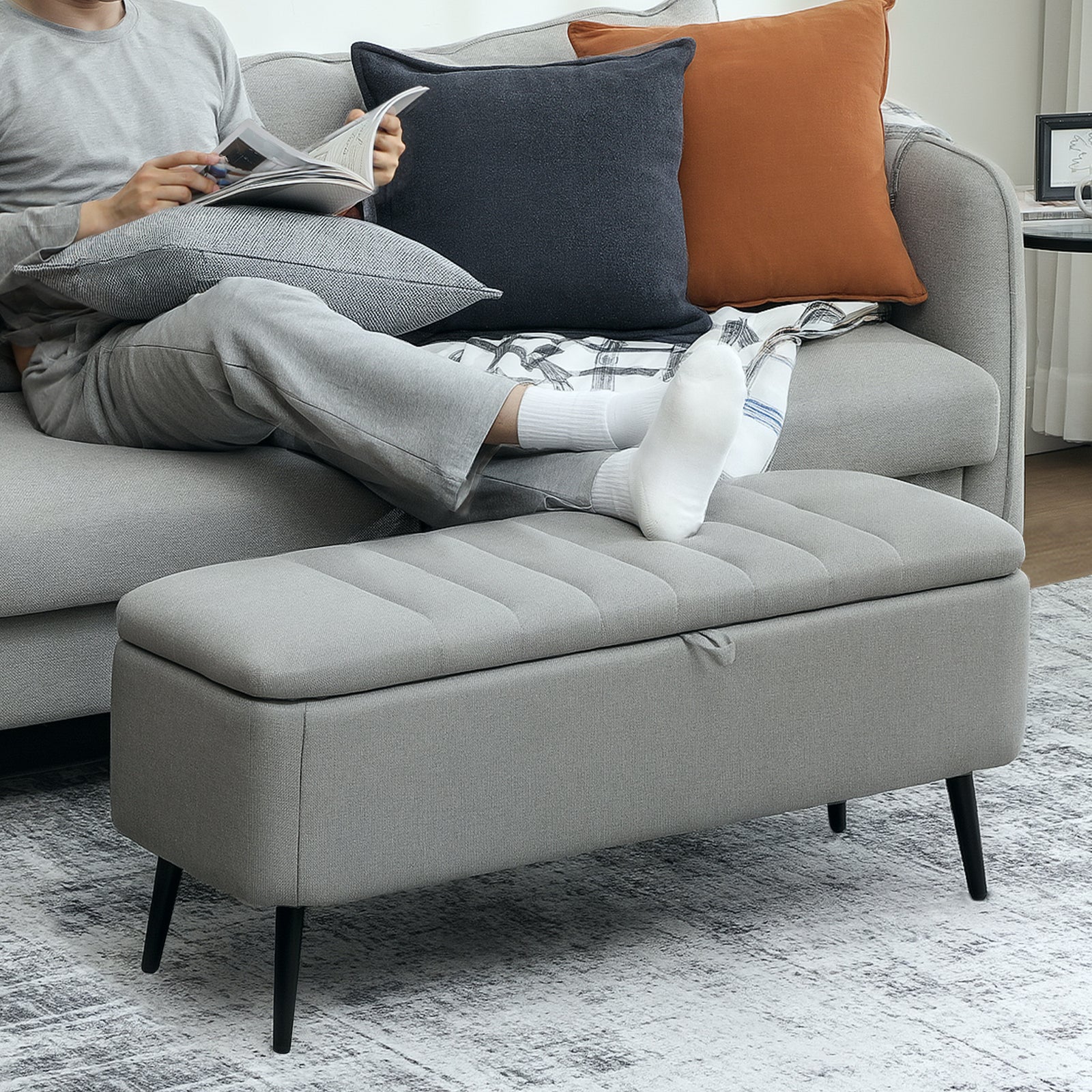 Storage Ottoman Bench, Linen Fabric Footstool With Steel Legs | Light Grey