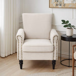 Beige Velvet Linen Wingback Armchair – Accent Chair With Nailhead Trim