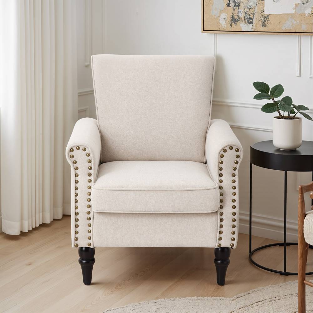Beige Velvet Linen Wingback Armchair – Accent Chair With Nailhead Trim