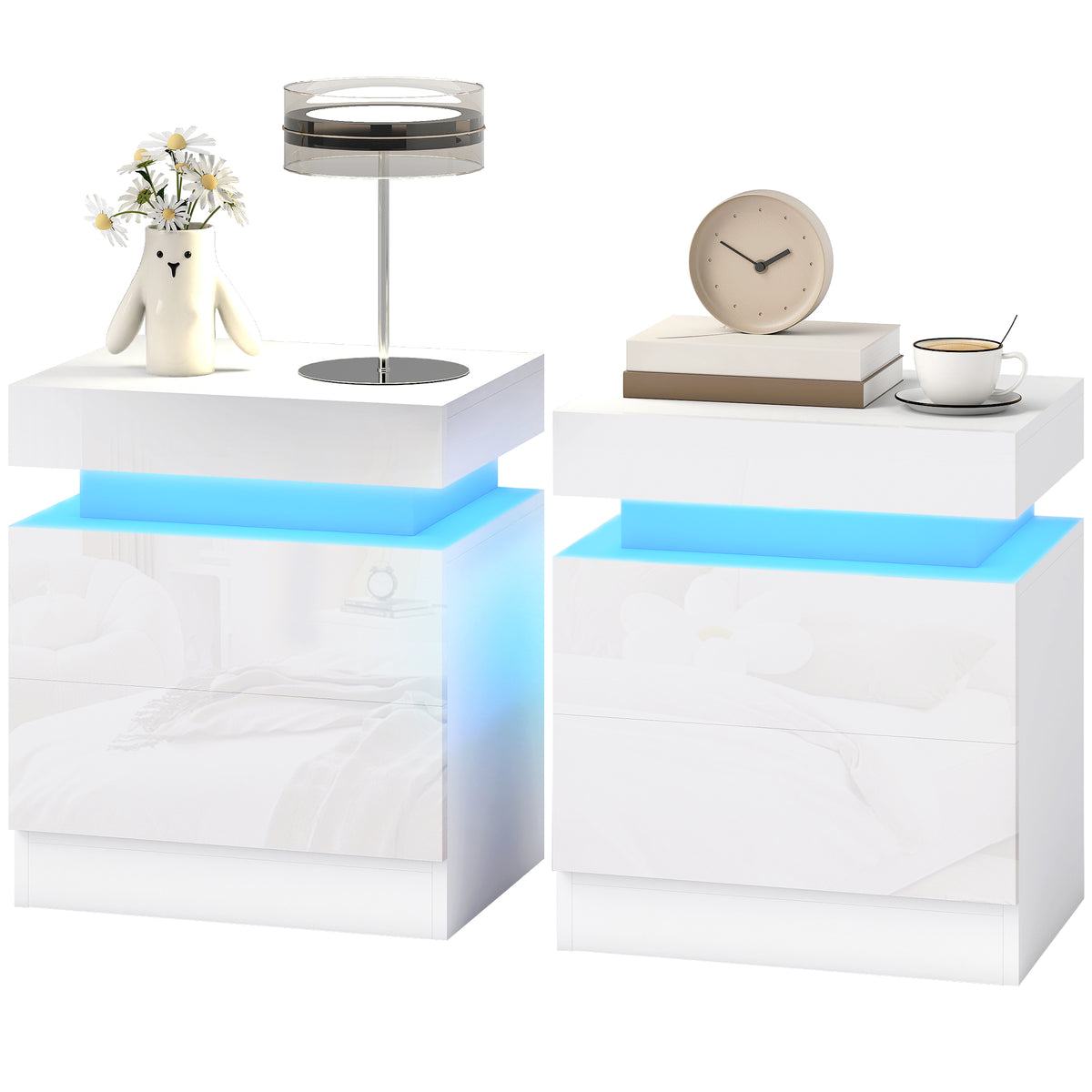 HOMCOM High Gloss Bedside Table With Led Light And 2 Drawers