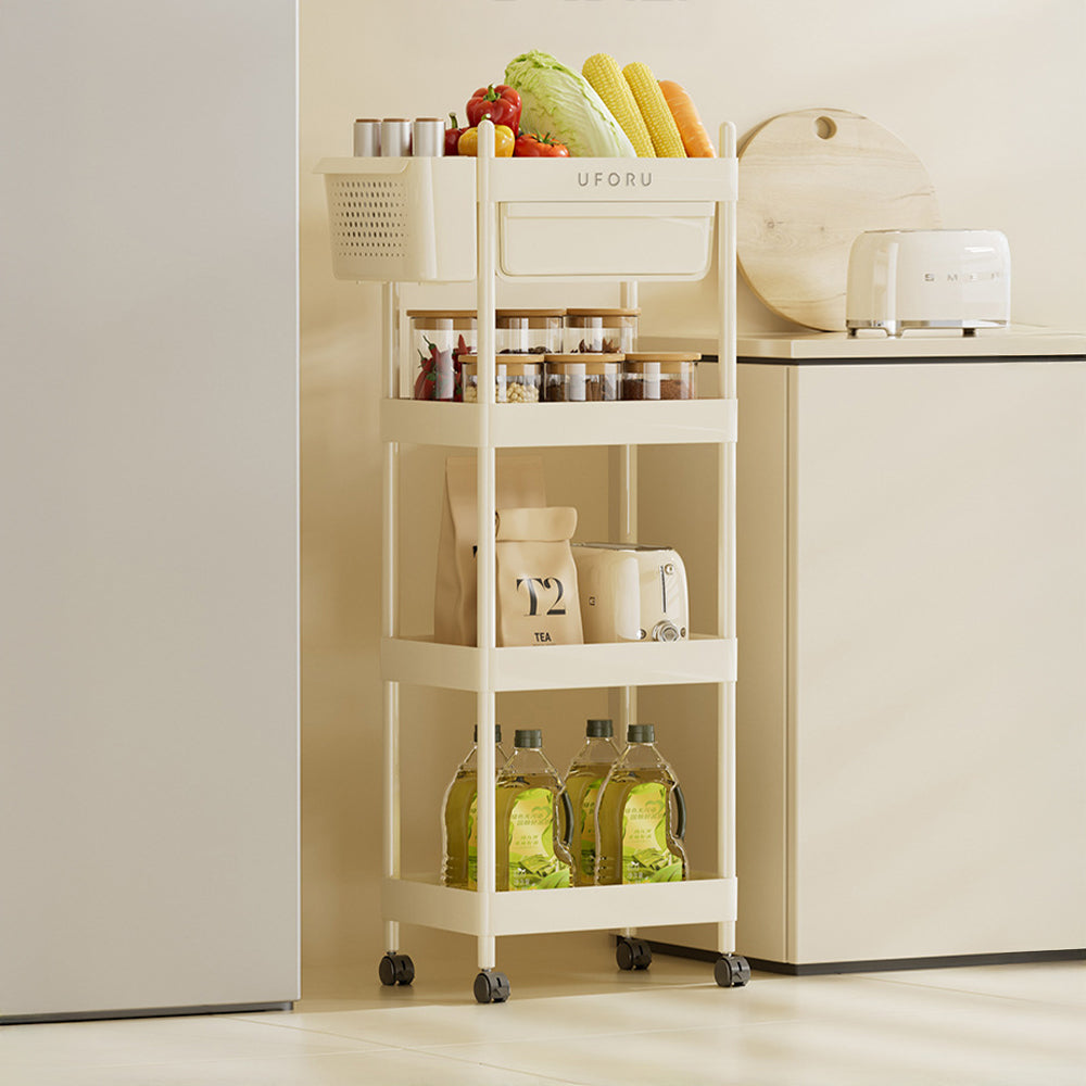 3/4-tier Rolling Storage Cart With Drawer Cream White Utility Trolley With Wheels | Medium | Cream