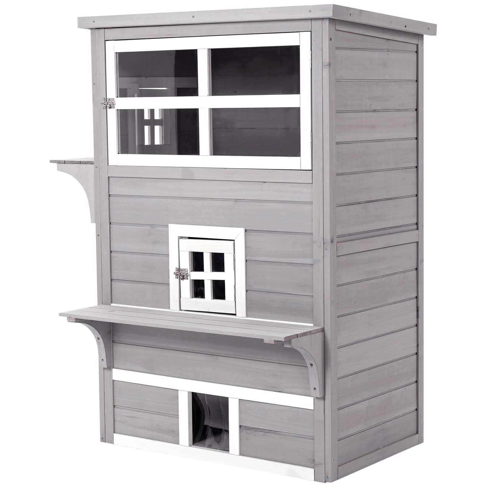 3-tier Wooden Kitten Shelter For Indoor, Outdoor - Grey
