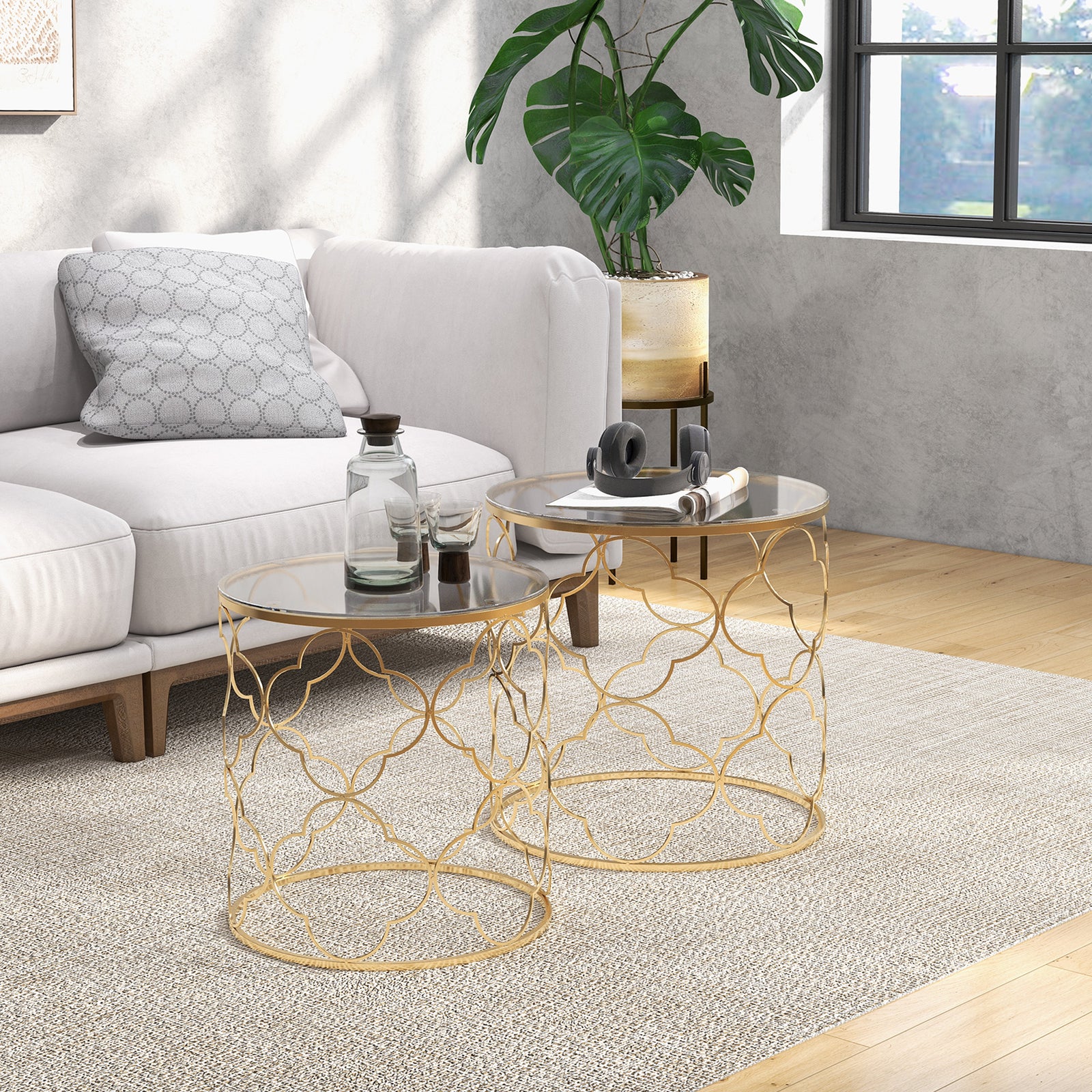 HOMCOM Nesting Tables Set Of 2, Side End Table With Glass Top, Gold Tone