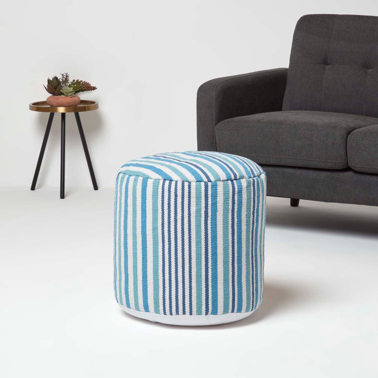 HOMESCAPES Blue And White Stripe Bean Filled Pouffe Tall 45 X 40 Cm