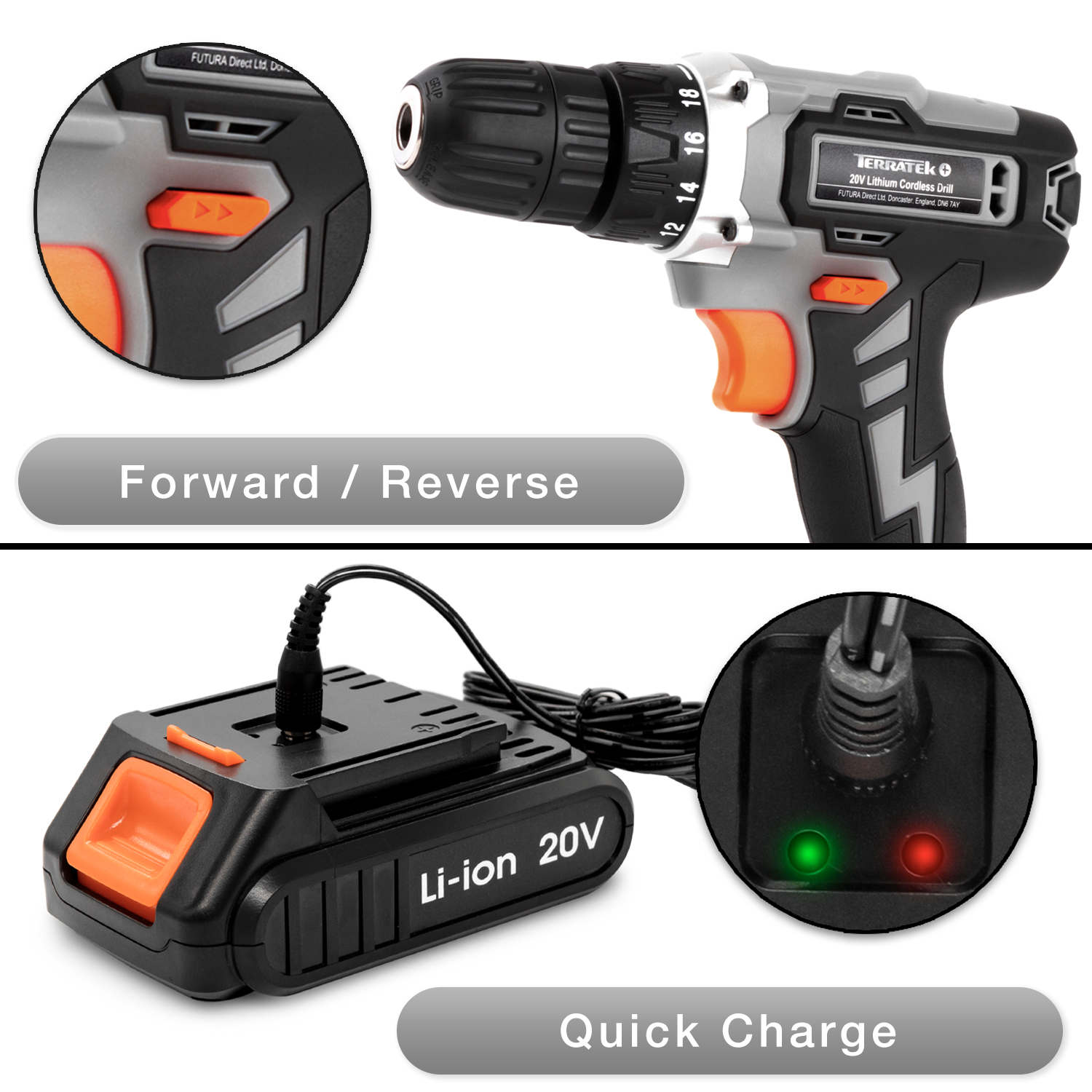 20v Cordless Drill & Drill Bit Set 20v 1 Hr Fast Charge Battery & Charger Included | 13 Piece Kit – 1x Battery + Charger + Carry Case | Grey