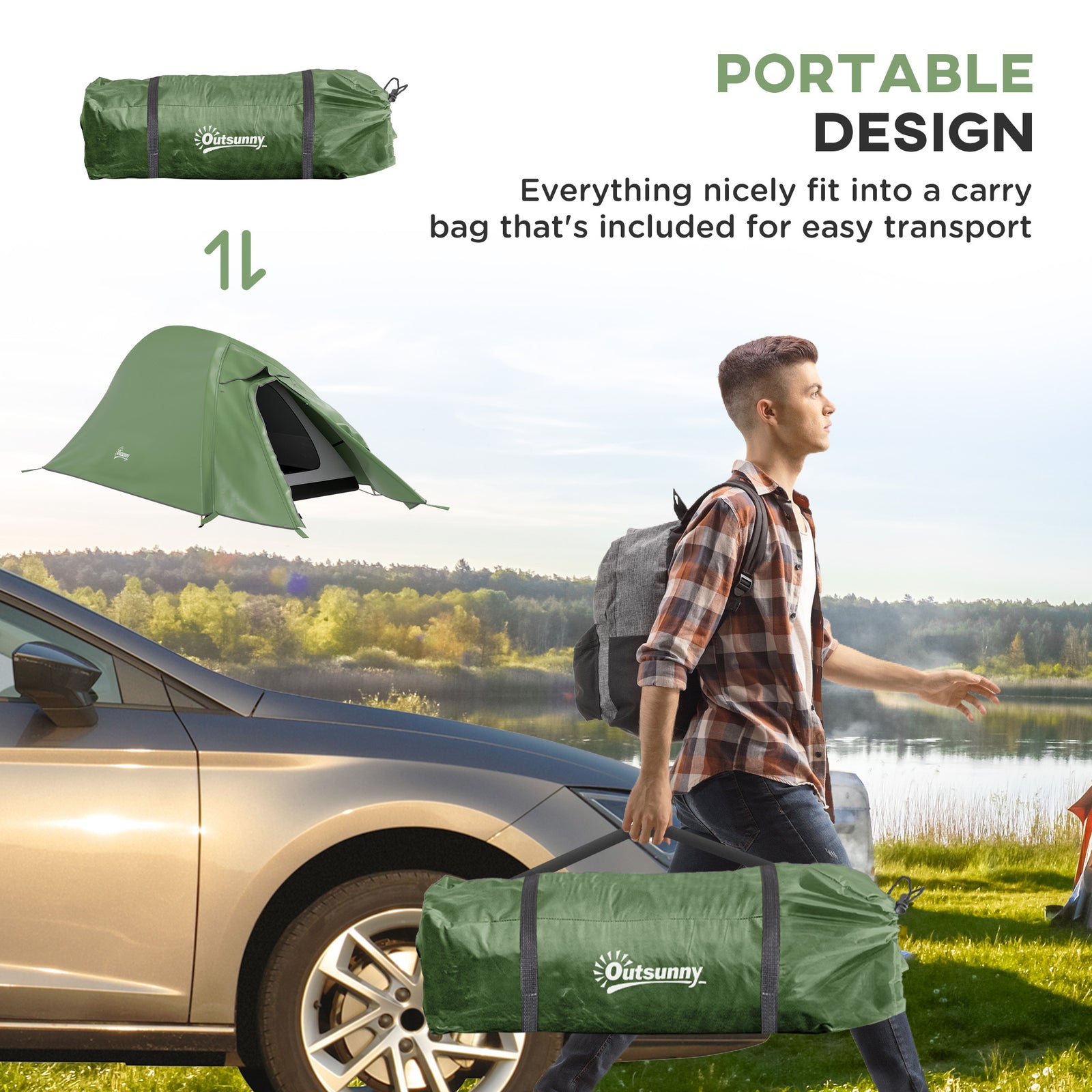 Double Layer Camping Tent For 1-2 Man, 2000mm Waterproof | Green