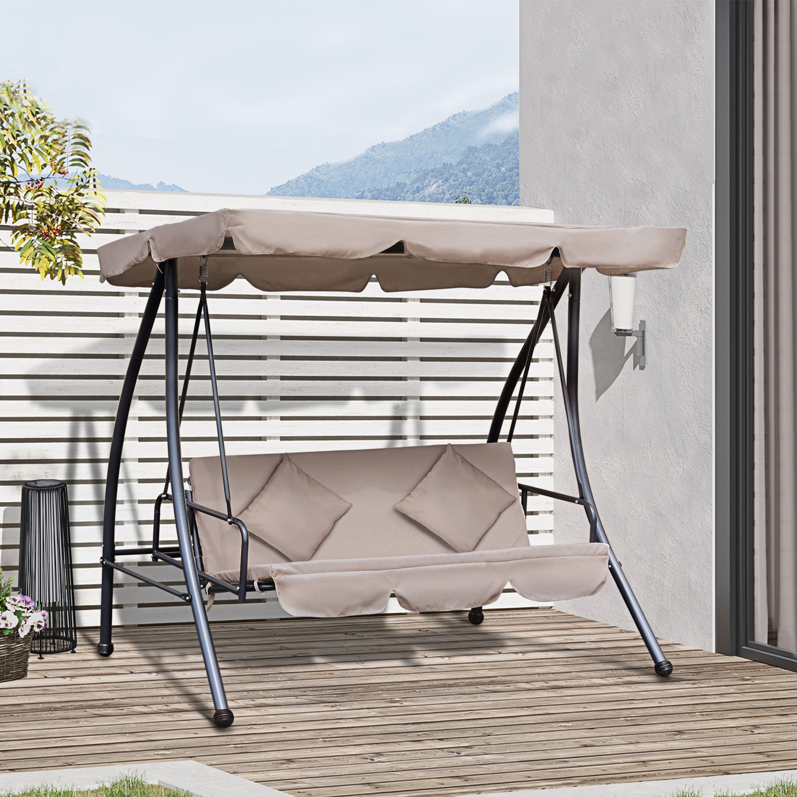2-in-1 Patio Swing Chair 3 Seater Hammock Cushion Bed Tilt | Beige