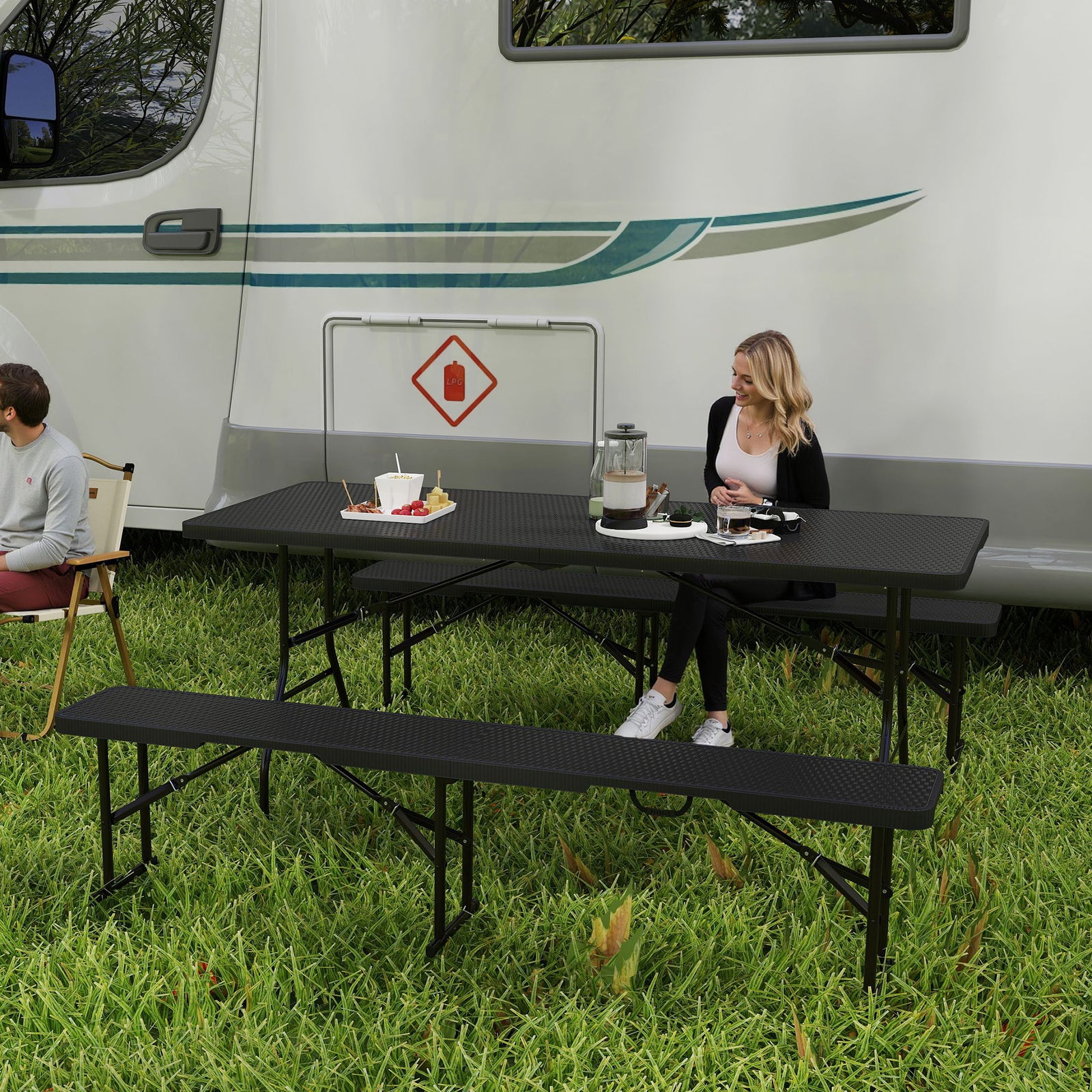 Rattan Effect Folding Picnic Table And Bench Set W/ Handles