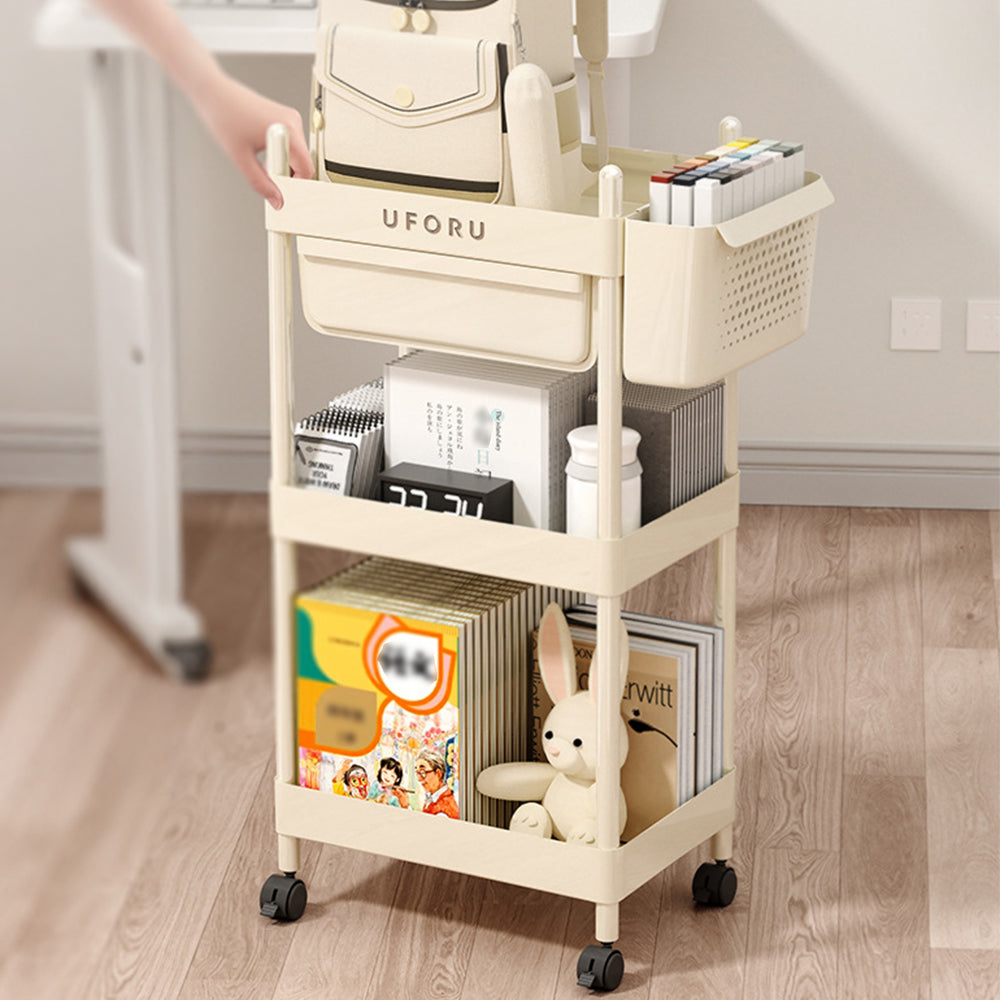 2/3/4-tier Rolling Storage Cart With Lockable Wheels Organizer Trolley With Hanging Baskets & Drawer | Medium | Cream