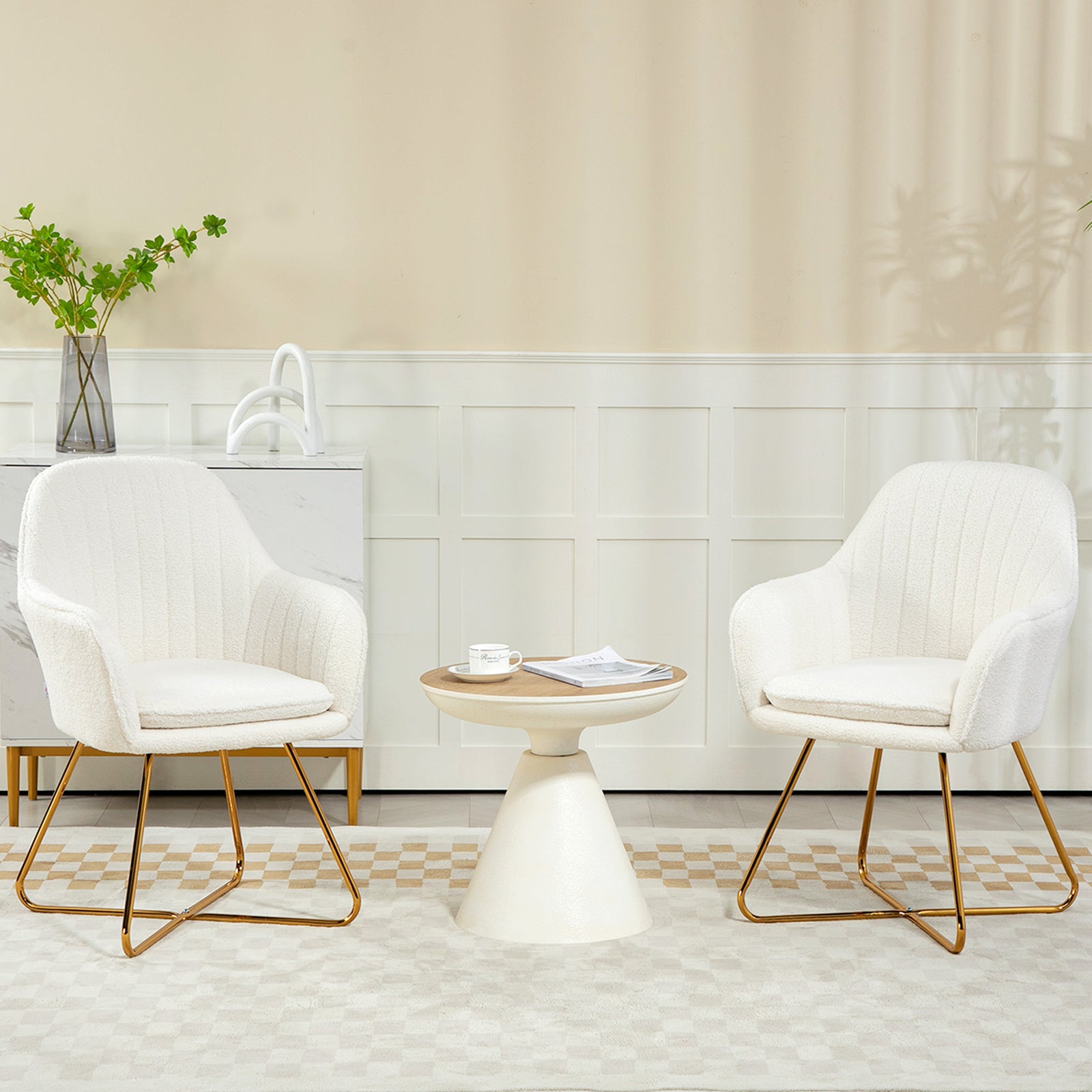 Accent Chair Set Of 2, Cashmere, Steel Legs, White
