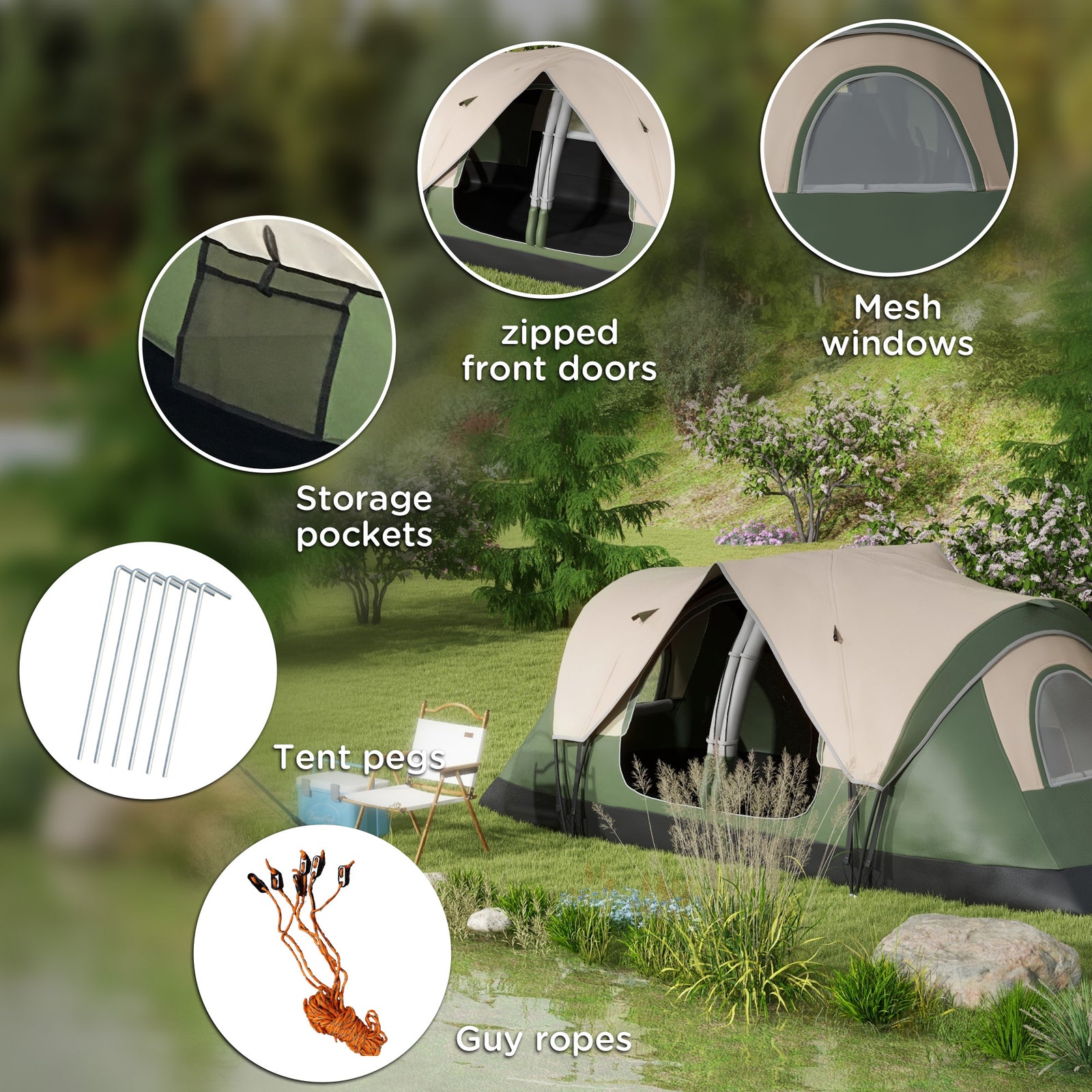 2 Room Camping Tent With Waterproof Rainfly & Screen Panels | Green