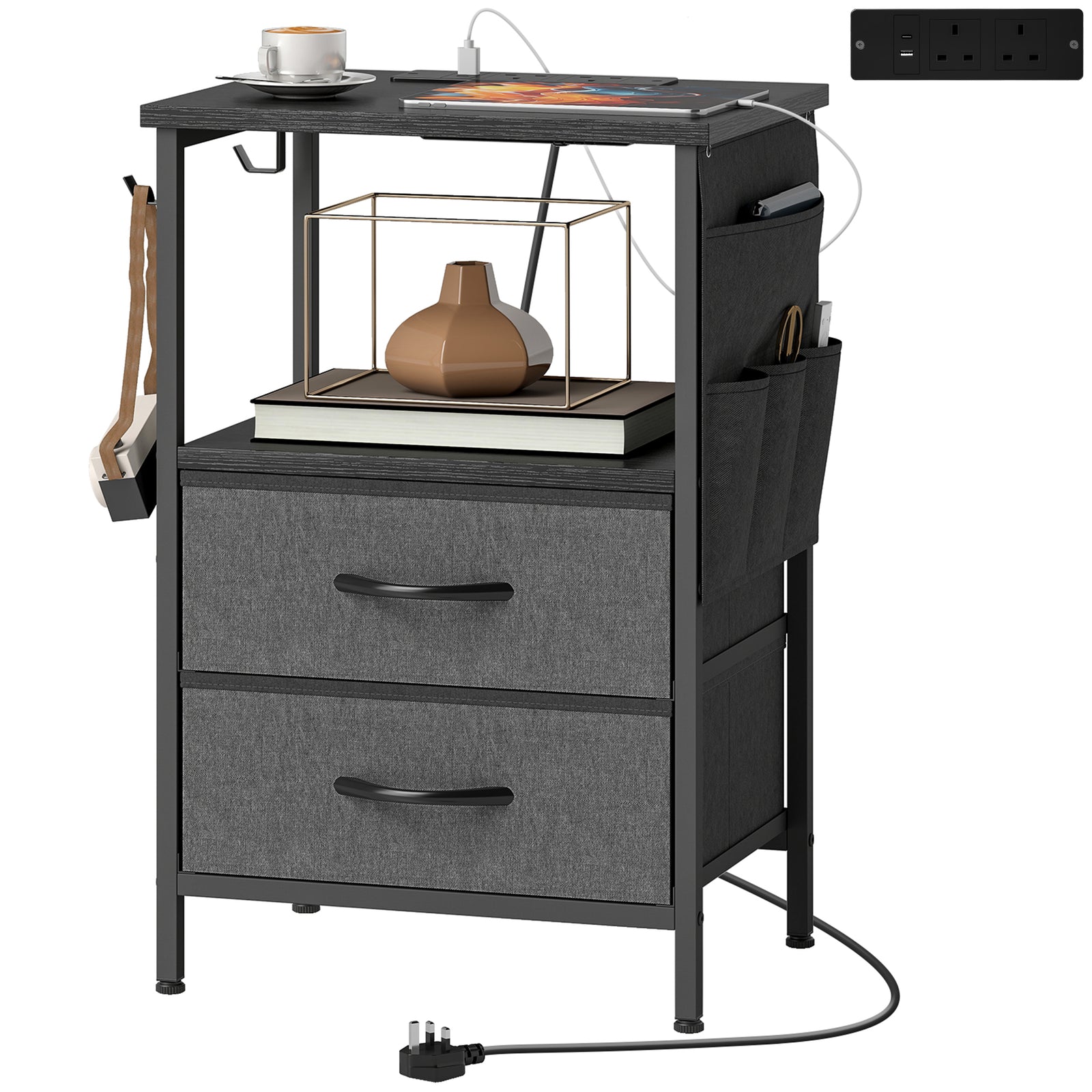 Slim Side Table With Charging Station, Bedside Table | Black