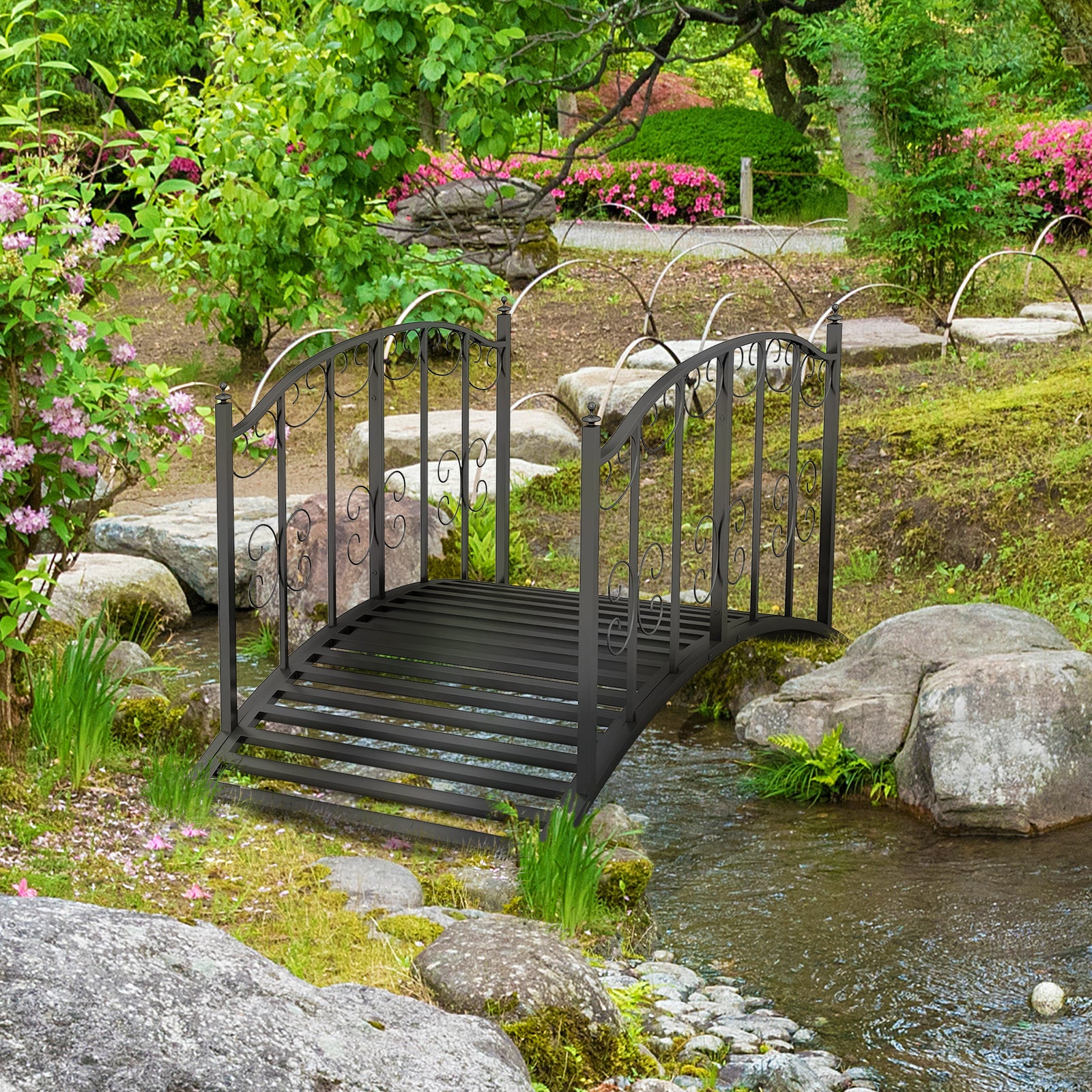 1.2m Metal Garden Bridge With Scrollwork, Retro Style, Black