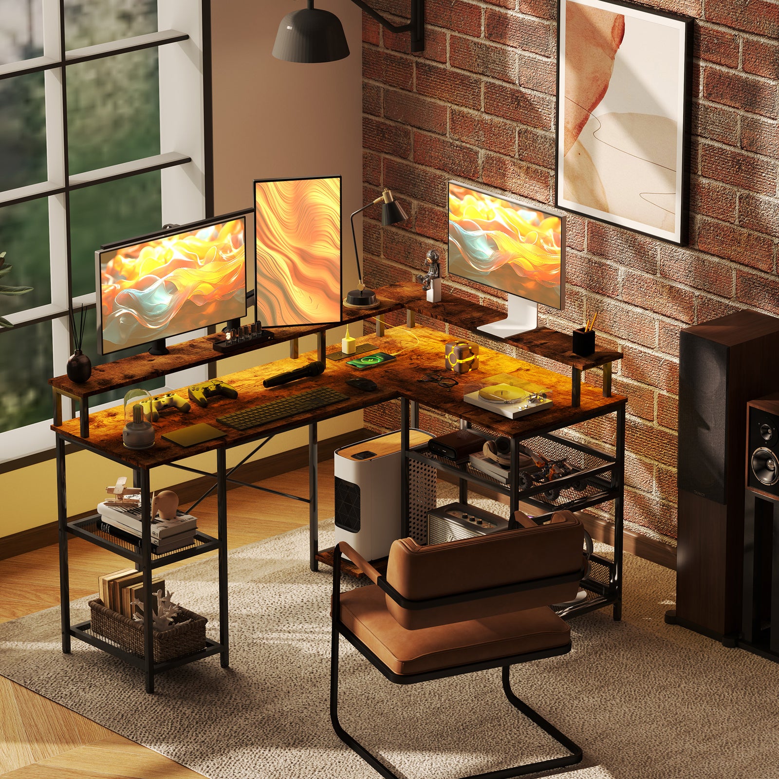 L Shaped Gaming Desk W/ Led Lights And Power Outlets