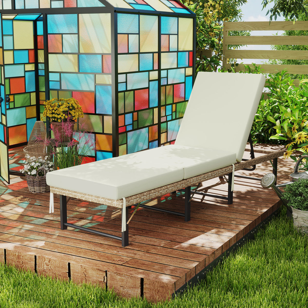 Folding Rattan Sun Lounger With Adjustable Back, Cushion | Natural