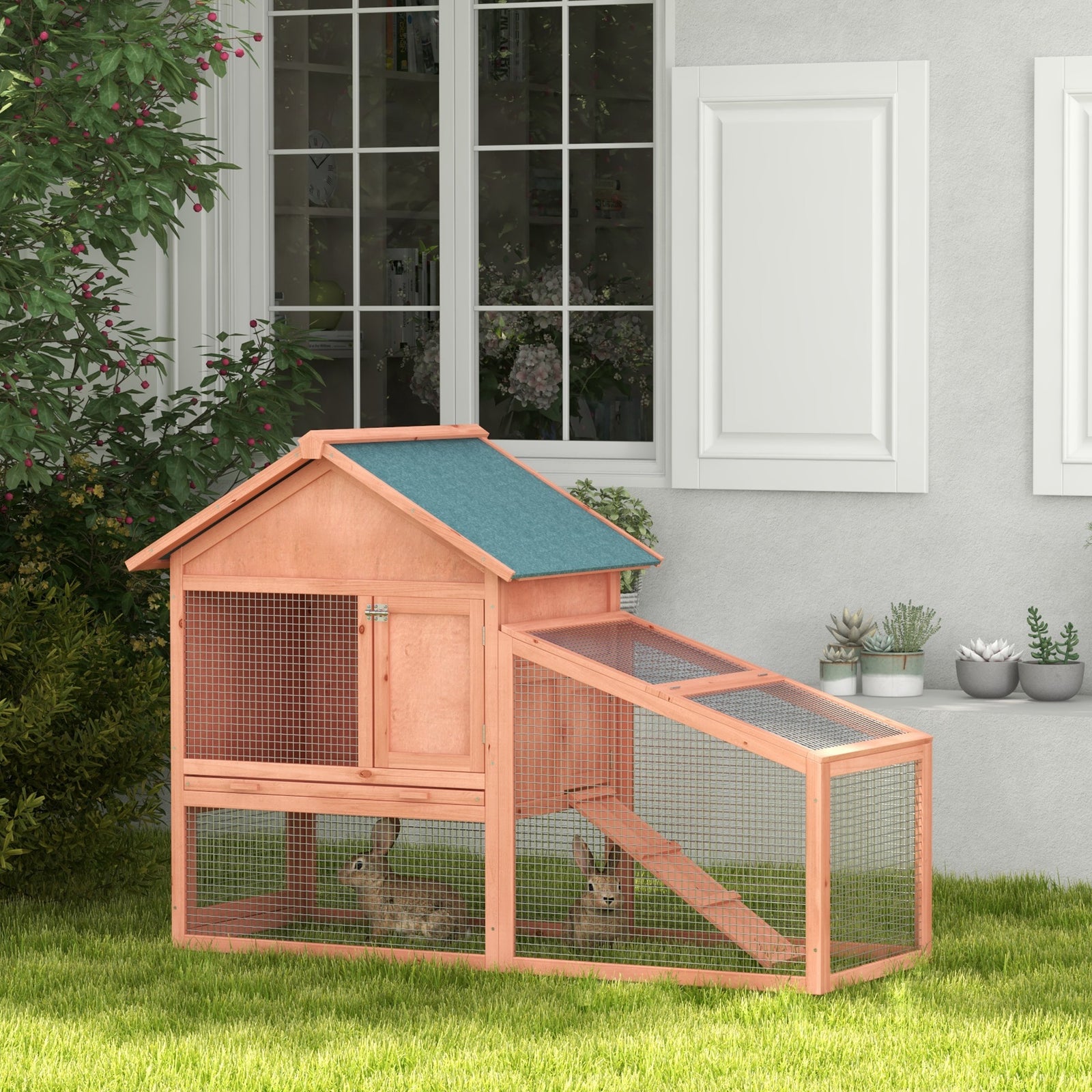 Wood Rabbit,bunny,guinea Pig Hutch Water-resistant W/ Ramp Outdoor Use
