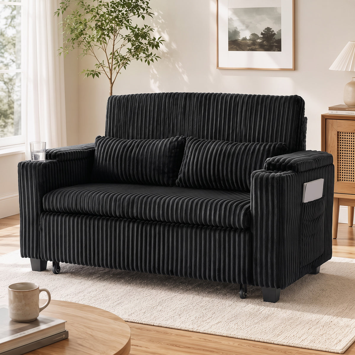 2 Seater Sofa Bed, 3-in-1 Corduroy Pull Out Sleeper Sofa | Black