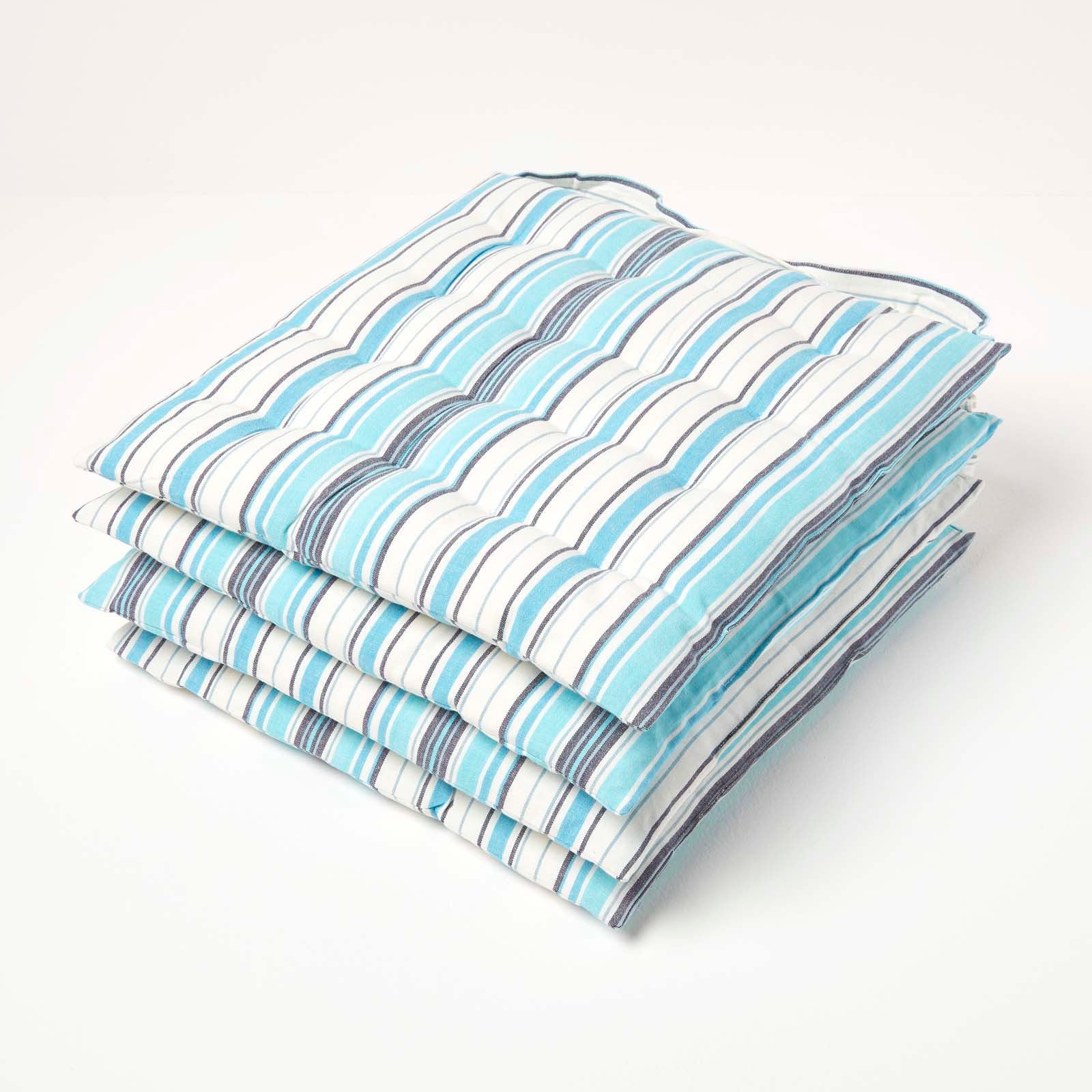 Striped Seat Pad With Button Straps 100% Cotton, 40 X 40 Cm | Set-of-4 | Blue