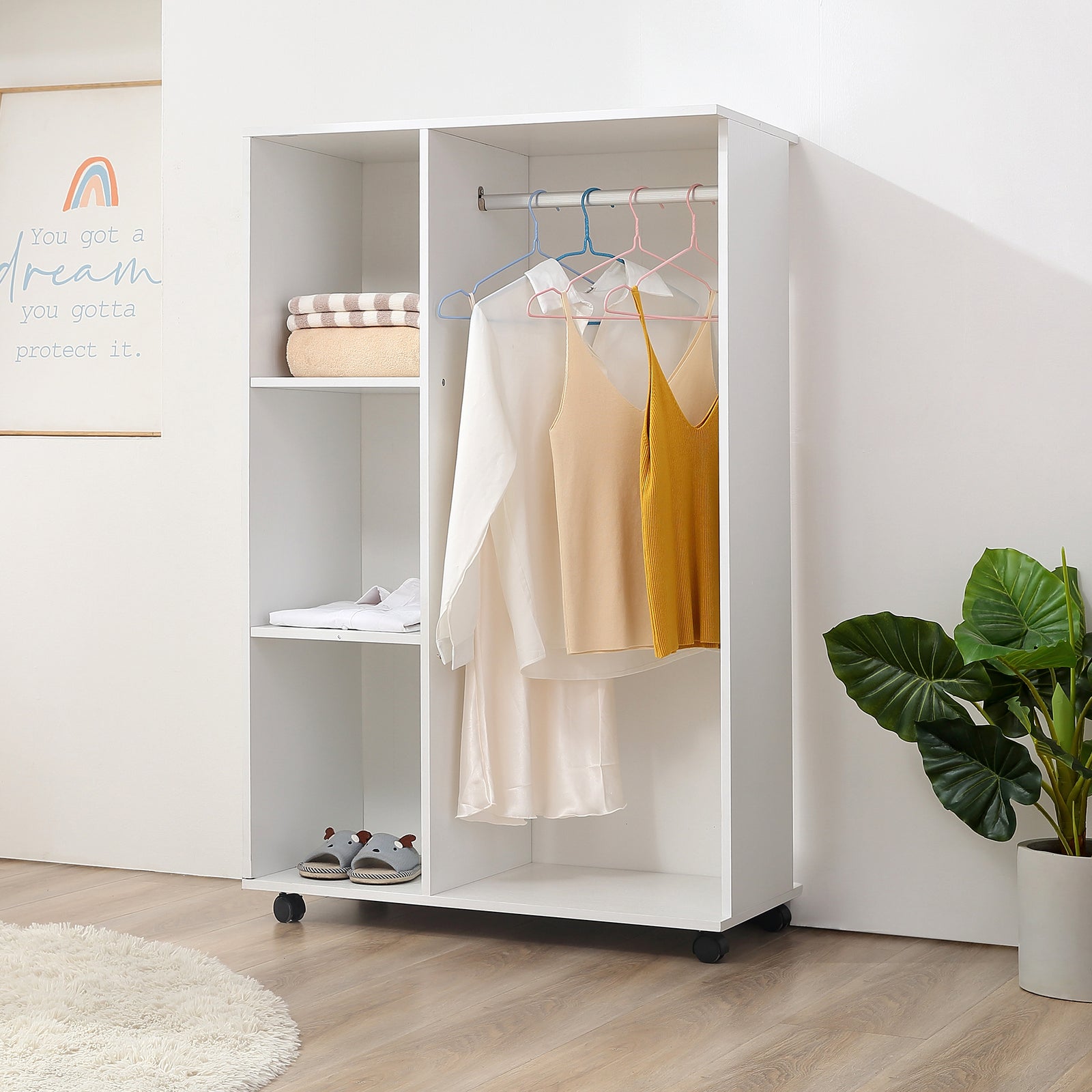 Rolling Open Wardrobe Hanging Rail Storage Shelves Clothes | One Size | White