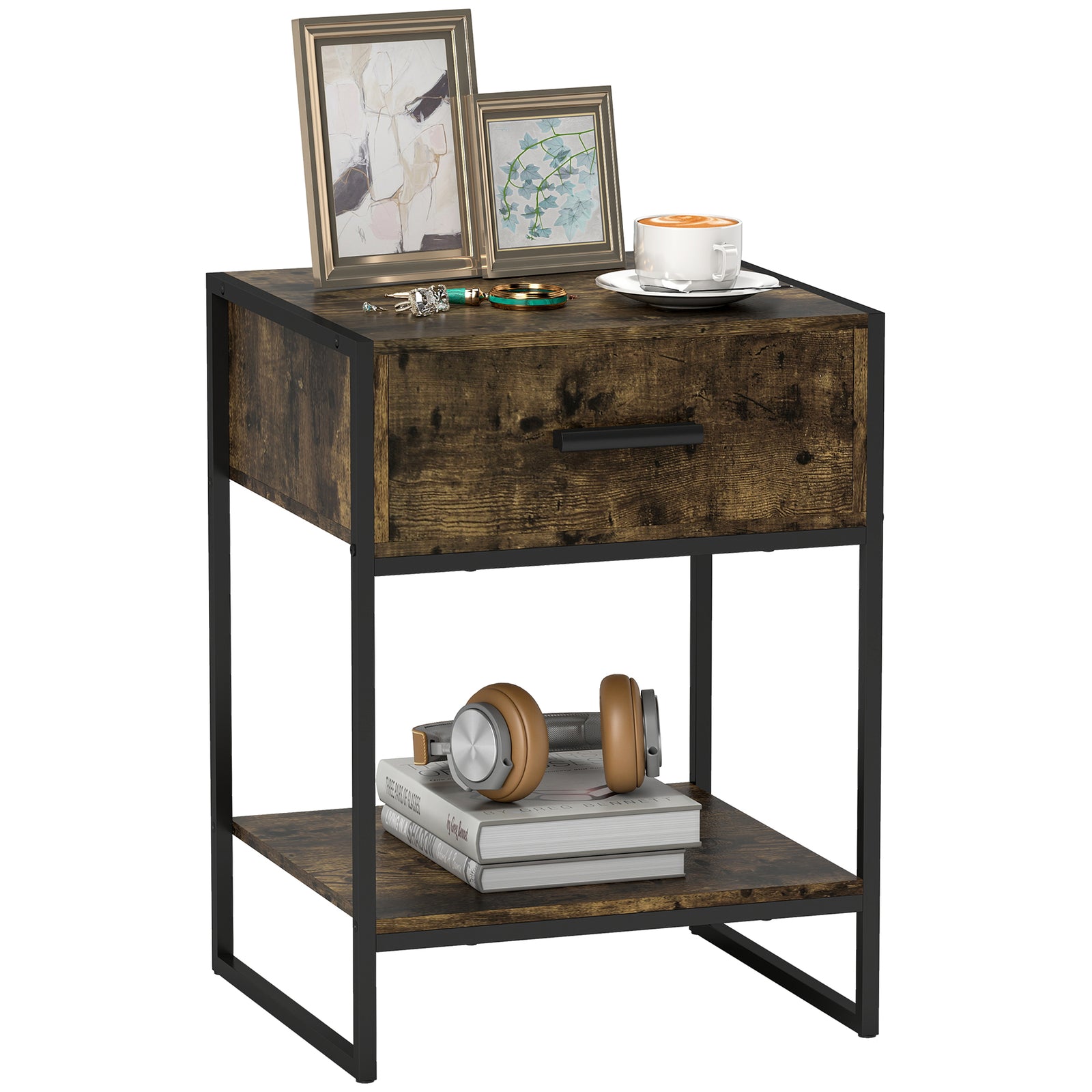 Modern Bedside Table, Nightstand With Drawer Shelf Rustic Brown