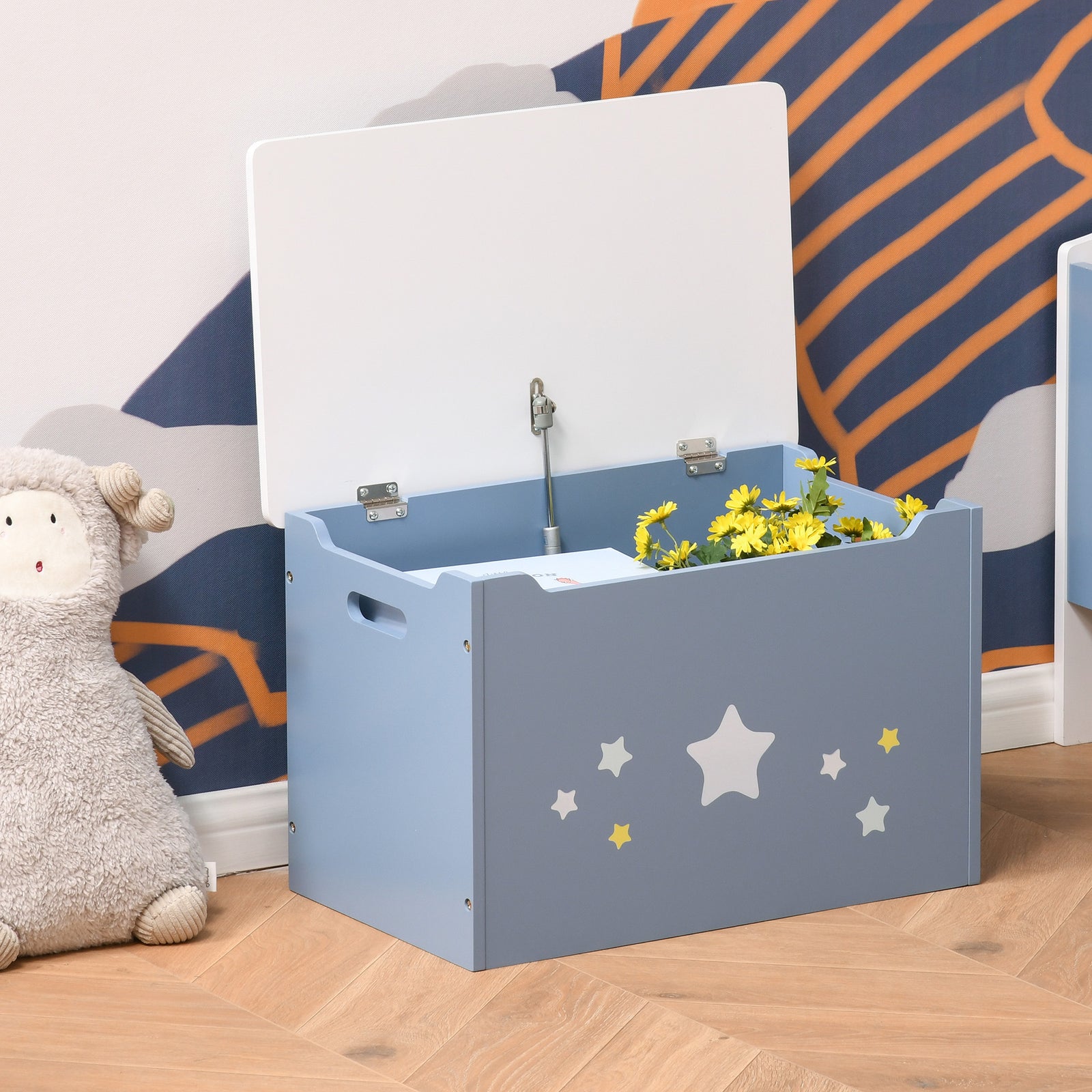 Kids Wooden Toy Box Children Storage Chest Organiser Side Handle Blue