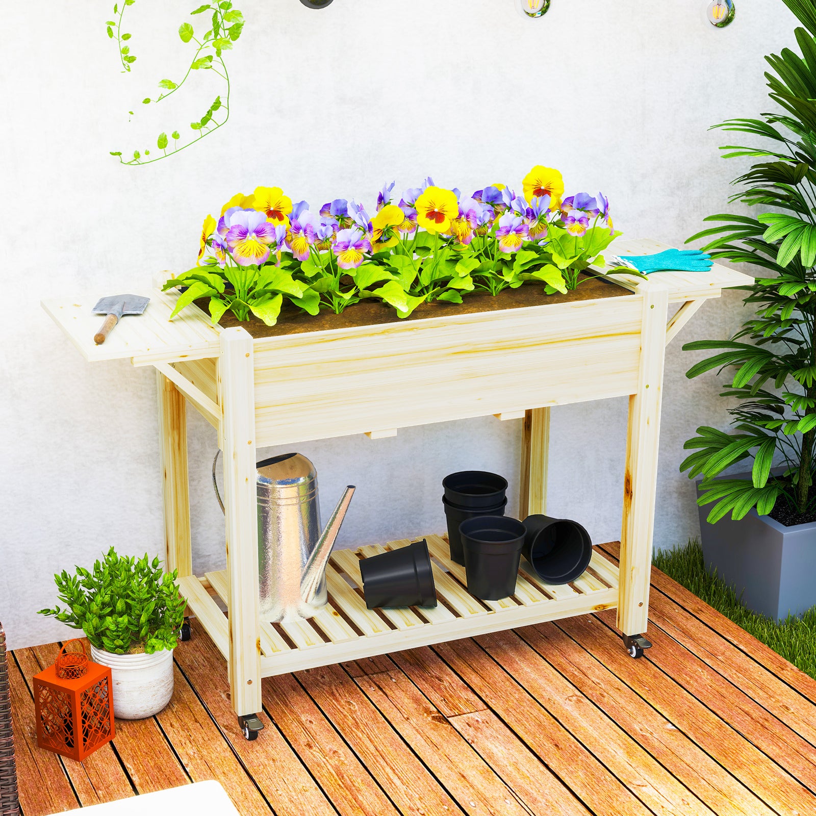 Wooden Raised Planter W/ Lockable Wheels, Liner | Natural
