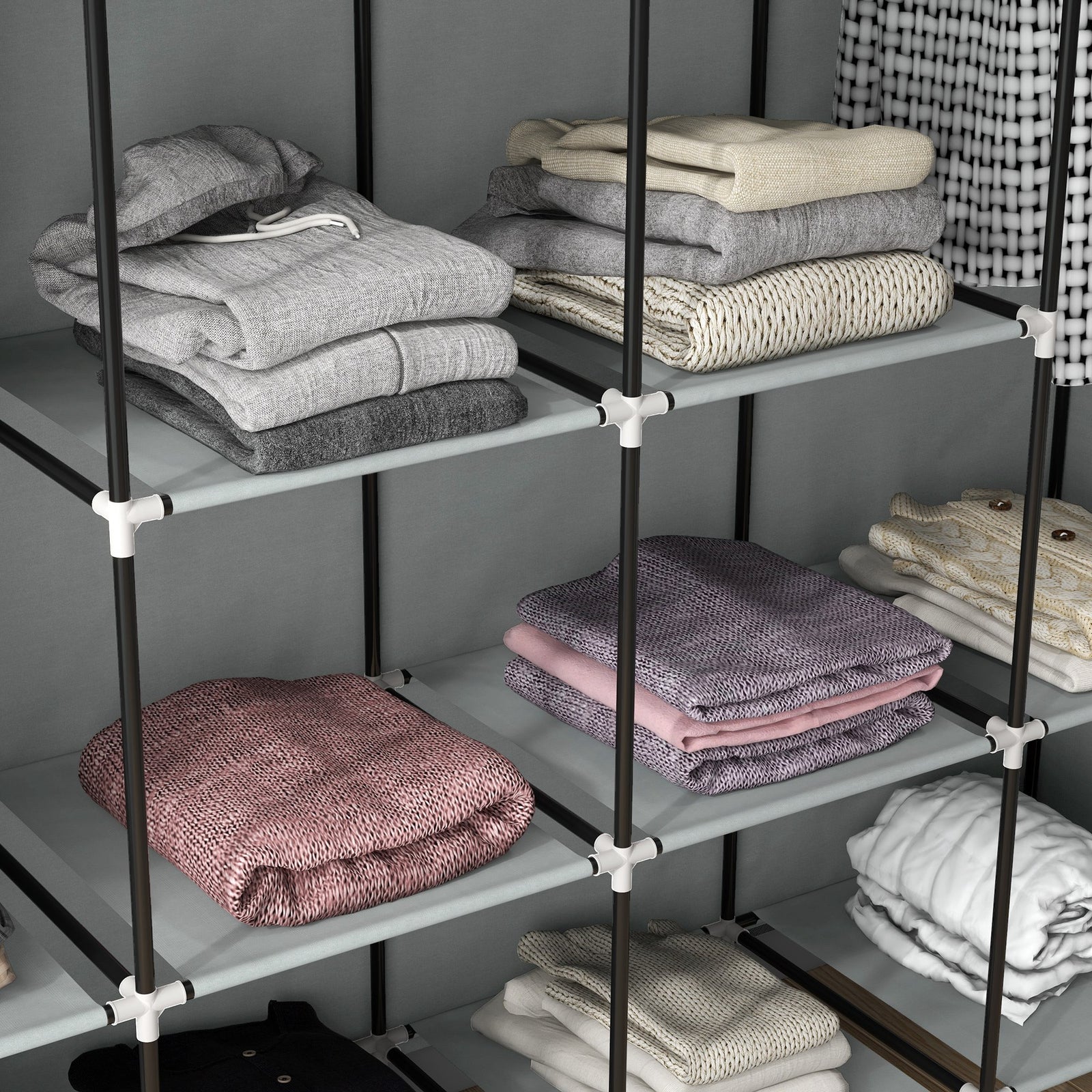 Fabric Wardrobe W/ 12 Shelves 2 Hanging Rails Foldable Closets