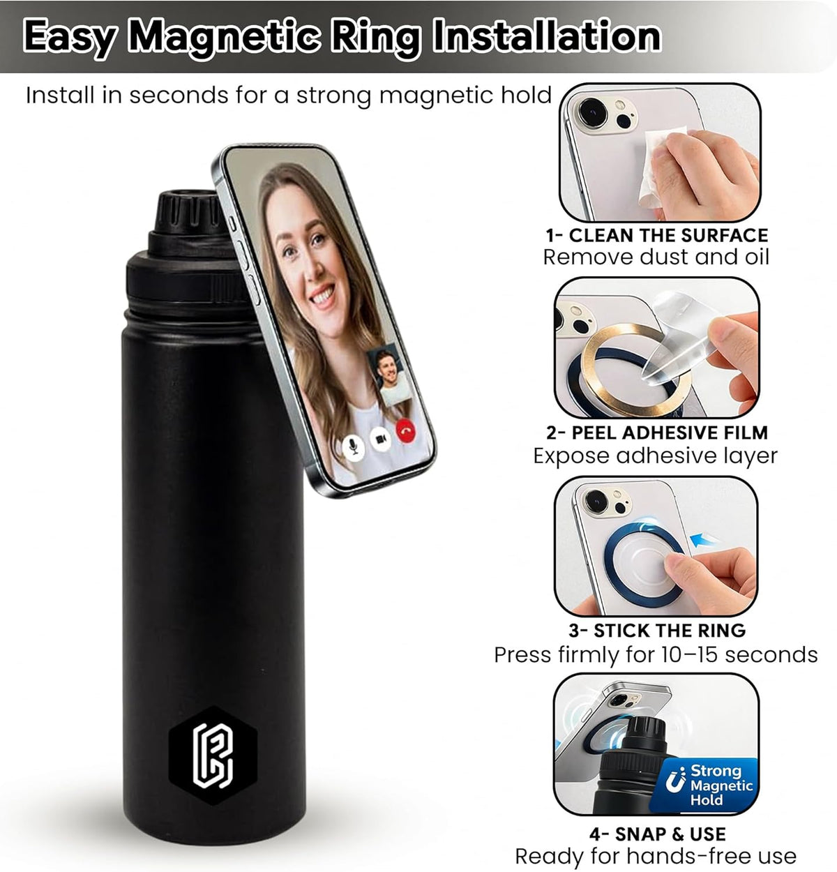 800ml Insulated Stainless Steel Water Bottle Magnetic Phone Holder | Black