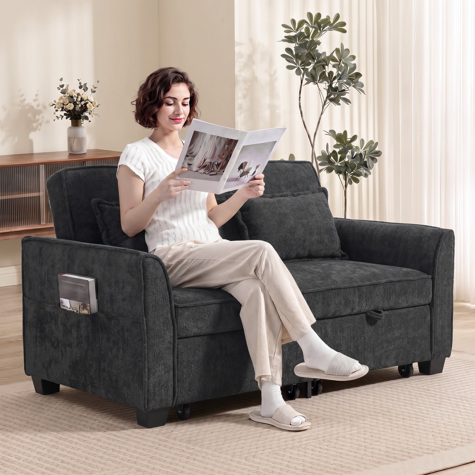 2 Seater Sofa Bed, 4-in-1 Convertible Pull Out Sleeper Sofa | Black