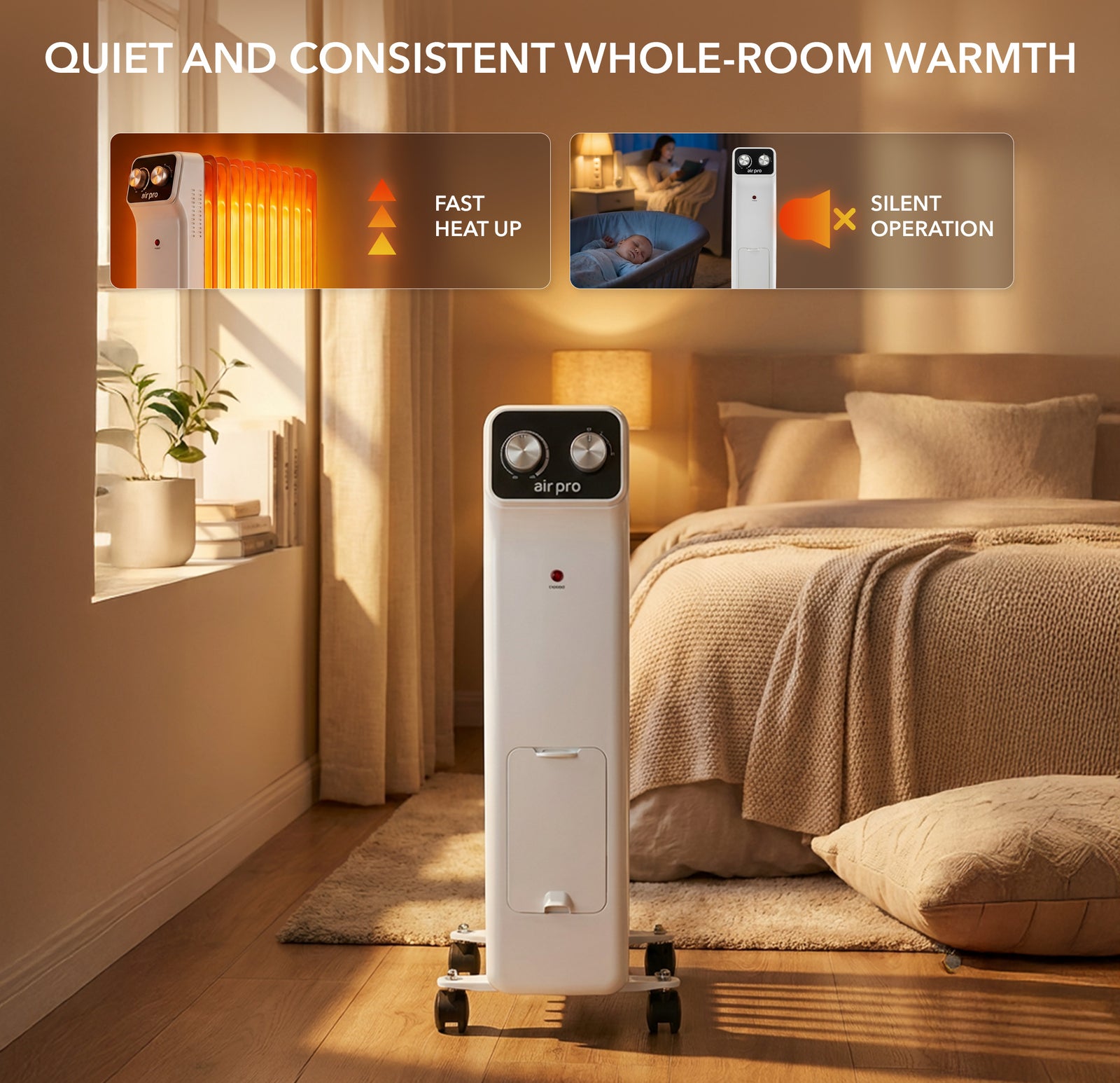 Oil-filled Electric Radiator 2500w, Adjustable Thermostat, 3 Settings | White