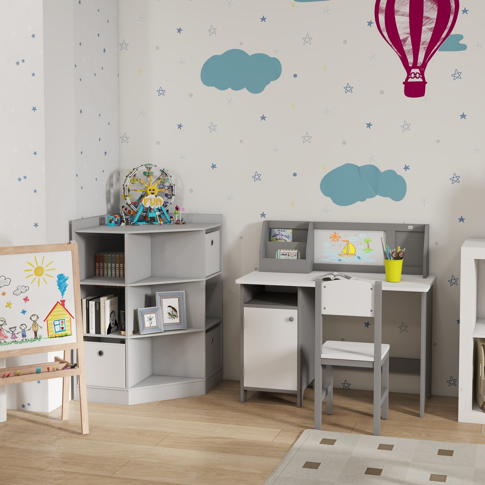 Kids Storage Cabinet Corner Organizer With Anti-tipping Hardware Drawer | Gray