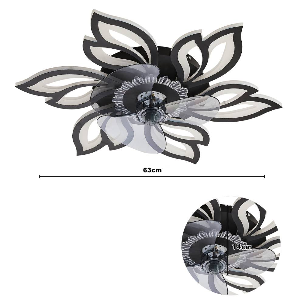 Pointed Petal Ceiling Fan Light 65cm Led With 3-color Dimming, Reversible Silent Dc Motor, 6-speed, Sleep Timer, 2.4g App & Remote Control | Black