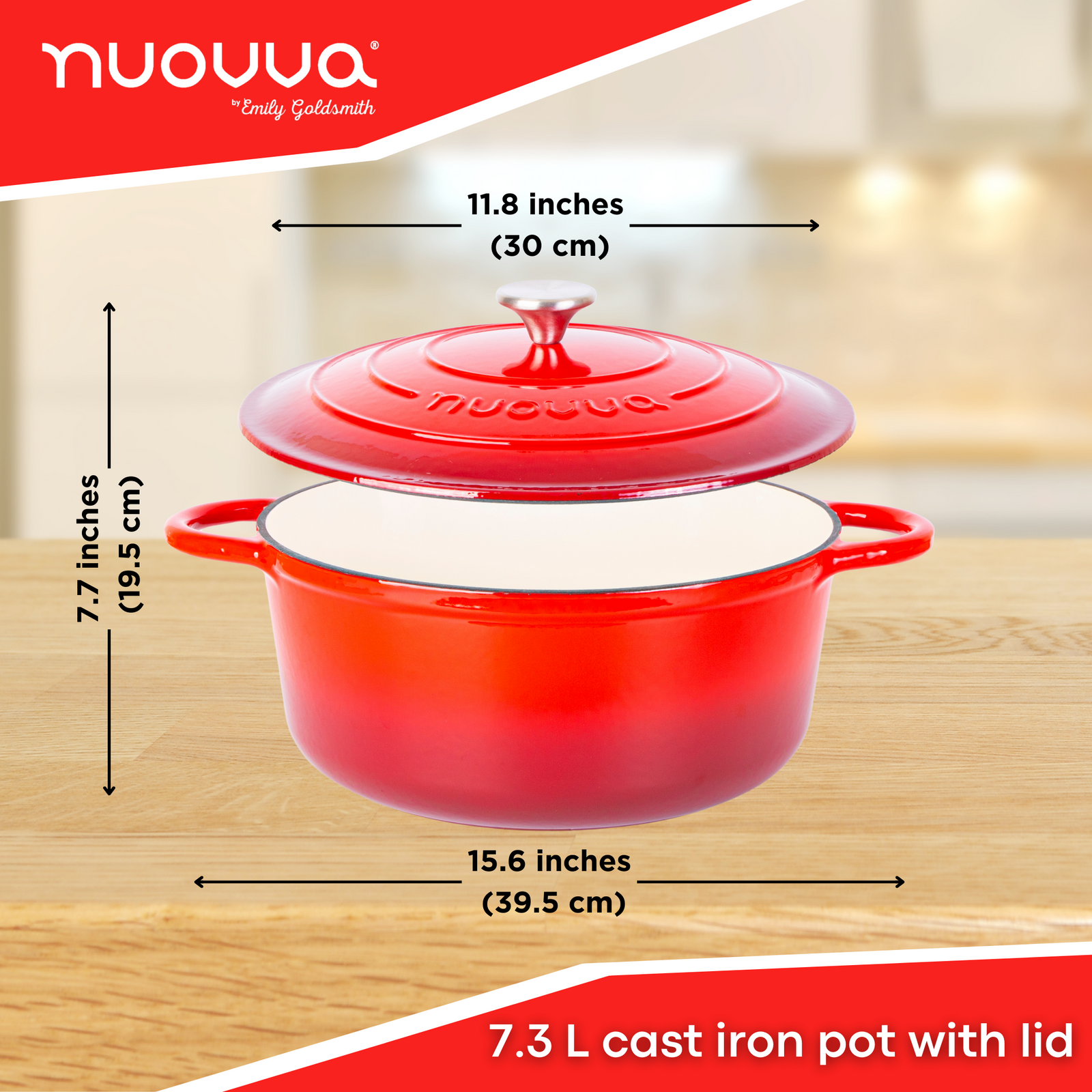 Cast Iron Dutch Oven Casserole Pot With Lid - 30cm (6.9l) | Red