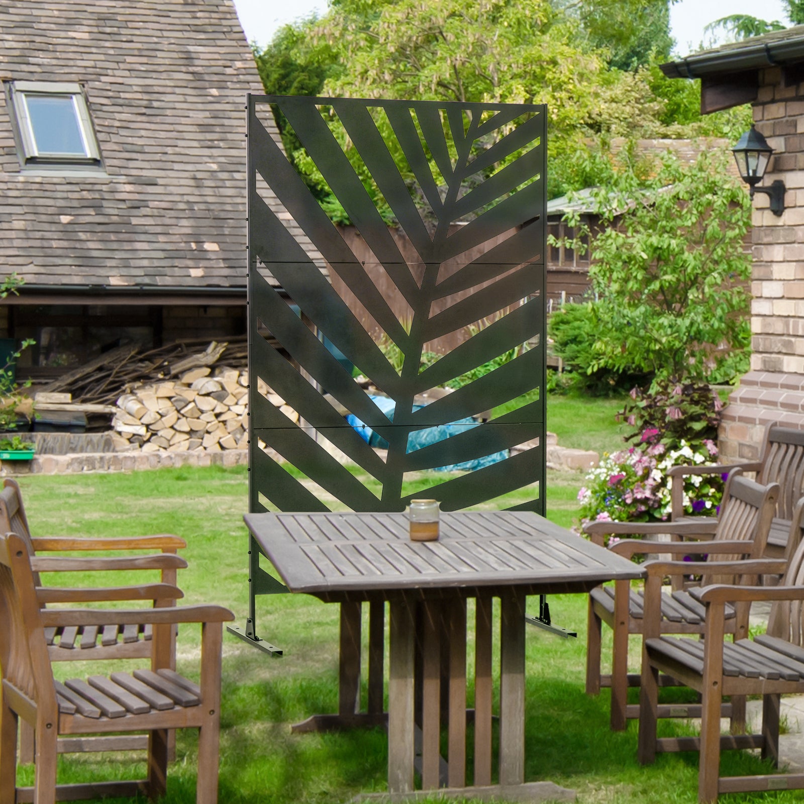6.5ft Metal Privacy Screen W/ Stand, Banana Leaf