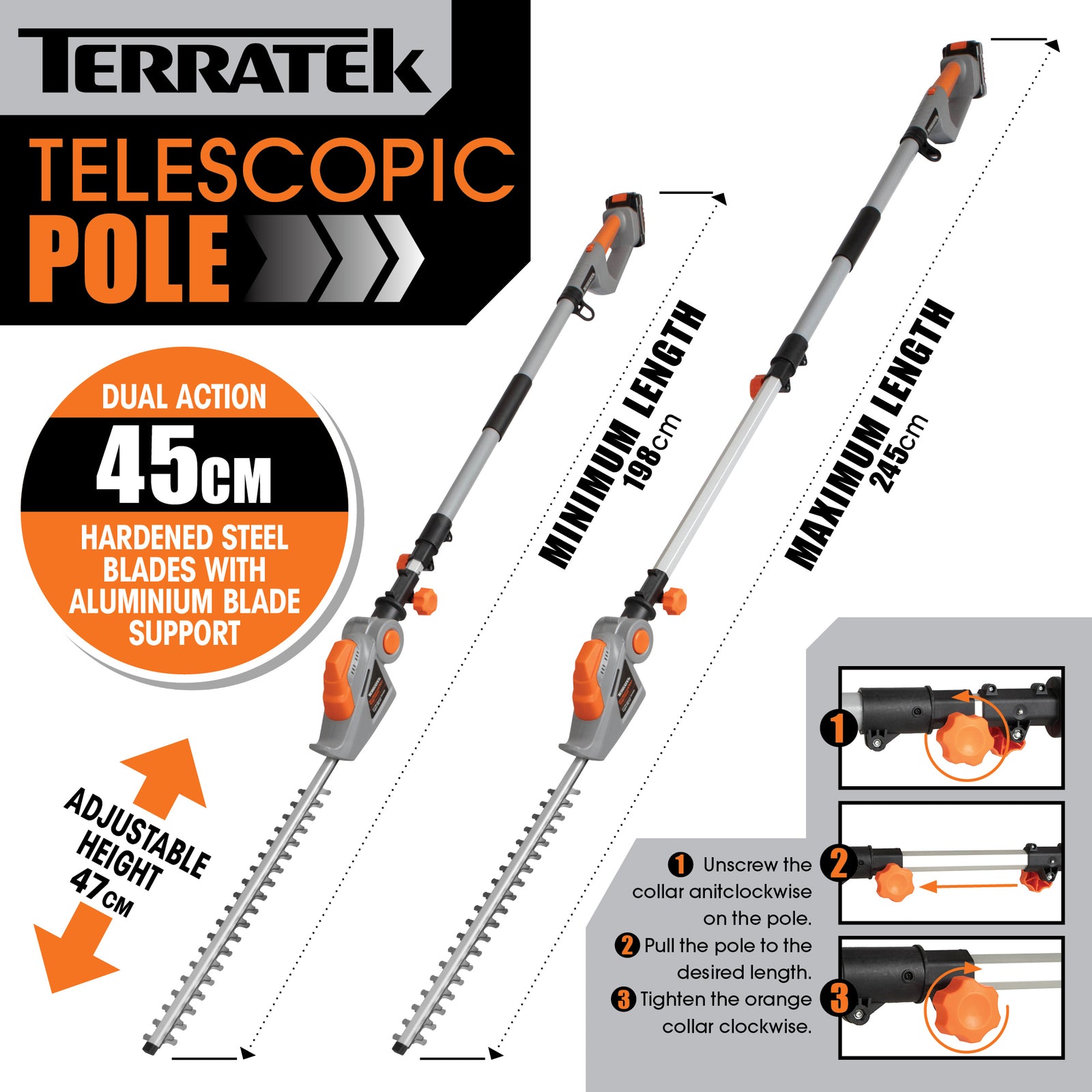 20v Cordless Hedge Trimmer Long Reach Telescopic Garden Hedge Cutter, 1 Hr Fast Charge Battery & Charger Included | 2 Batteries + 1 Charger | Grey