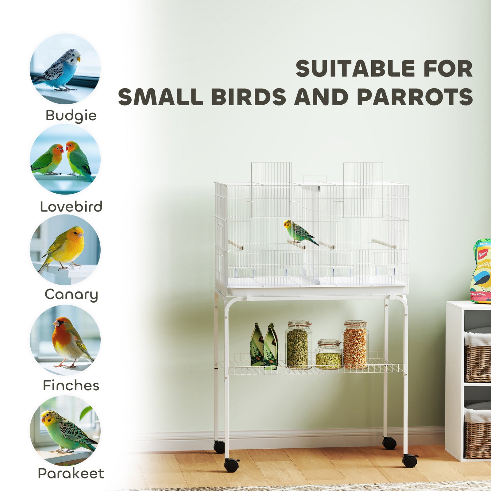 Bird Cage With Divider, 4 Wooden Perches, Slide Out Tray | White