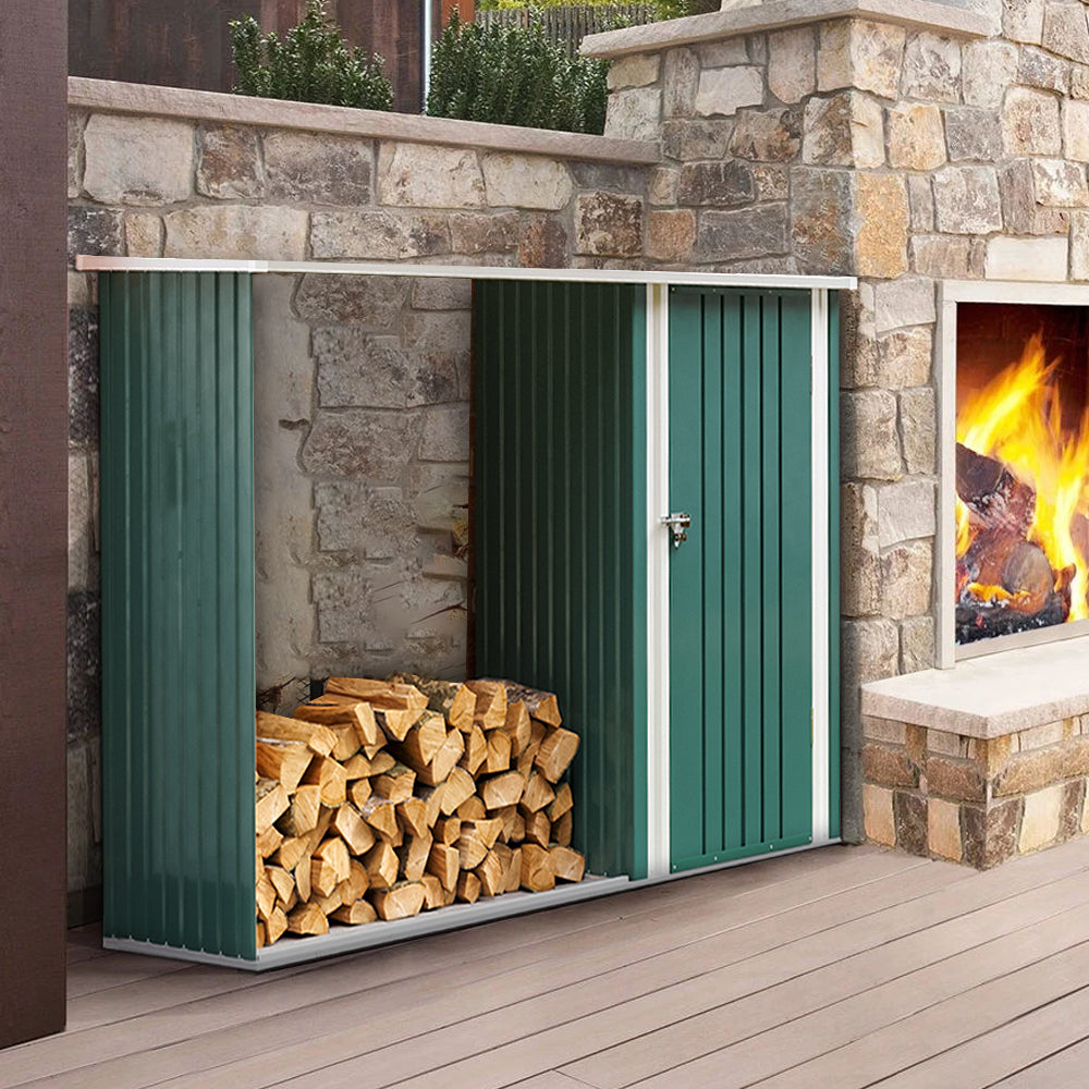 2.5m W Steel Outdoor Garden Storage Shed With Log Stacking Rack | Green
