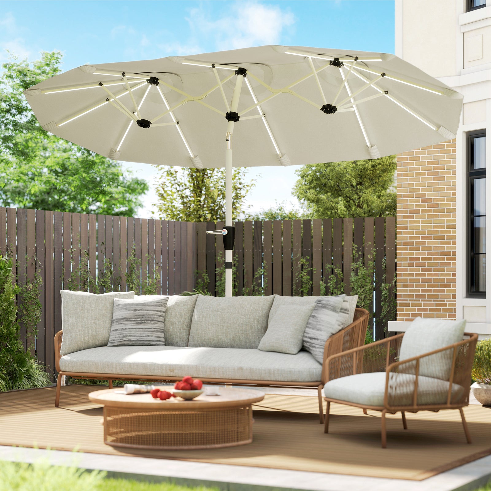 3 M Double-sided Garden Parasol With Solar Lights | Cream